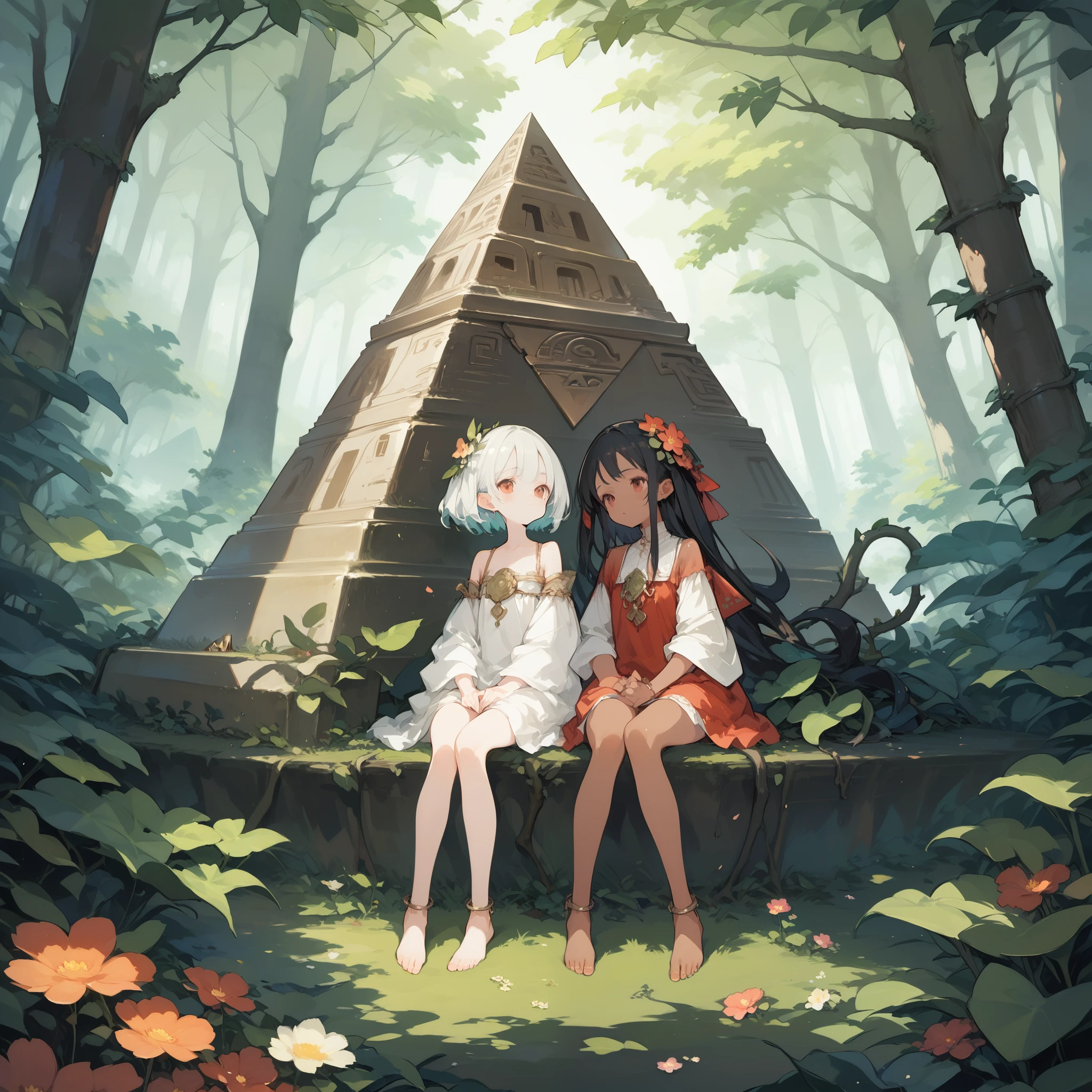 score_9, score_8_up,score_7_up,extra detailed background,a pale skin traveler girl and a dark skin girl in dress are sitting side by side,petite,loli,(2girls),dark skin,pale skin,Pyramid,forest,Traveler,flower,Vine,sitting