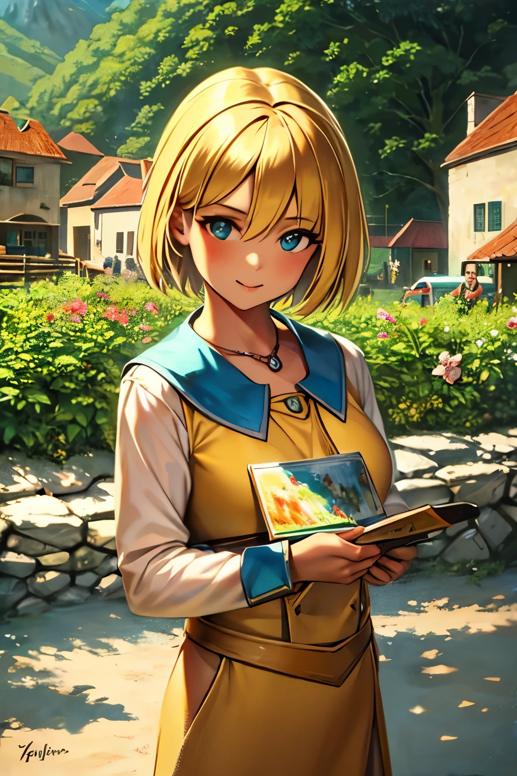 a young girl with short blond hair painting in a village nestled within nature with vibrant colors