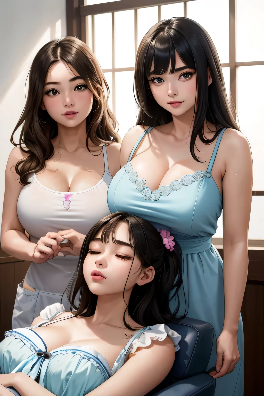 (highest quality:1.4)、High resolution、Detailed Background、(Detailed beautiful face:1.4)、Anatomically correct、(Depict the normal number of fingers:1.2)、(Detailed facial expressions)、Realistic、Beautiful fingers、Beautiful, smooth skin、age beauty、(Two women)、(Huge breasts:1.3)、cute hair color、cute hairstyle、Relaxed atmosphere、Attractive aside、Beauty Salon、Cowboy Shot、
(Two beautiful girls enjoying a comfortable time receiving treatment in a private space:1.5)、
A relaxed look during the treatment、Showing a cute sleeping face、It's adorable to see her surrendering herself to the comfortable treatment.、
After the treatment, she looks satisfied with the radiance and moisture of her skin.、
Feel the effects of the treatment、cute