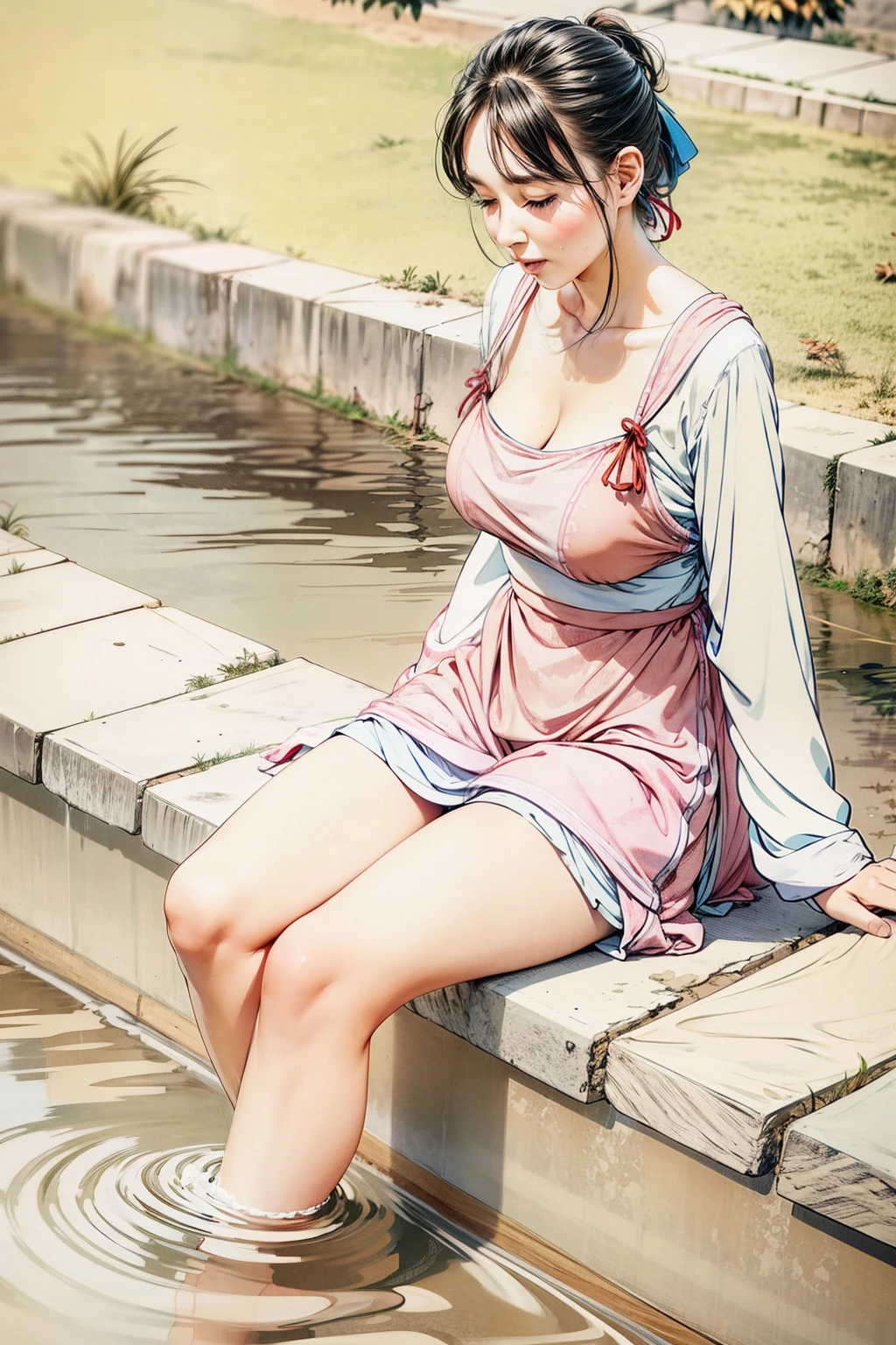 A sexy beauty sitting by the river washing clothes