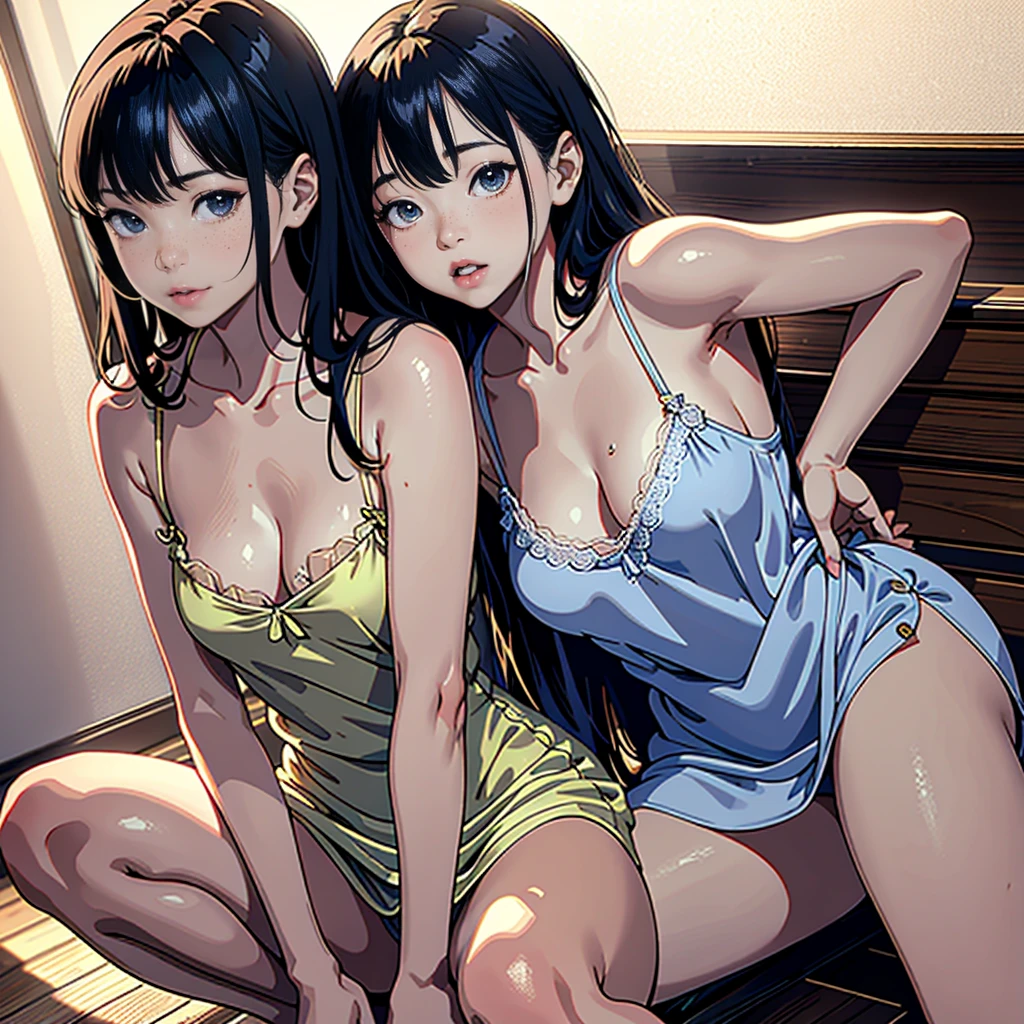 masterpiece, highest quality, (Highly detailed CG Unity 8k wallpaper), (highest quality), (Best illustrations), (Best Shadow), Confused, Realistic lighting, (abyss), Beautiful and delicate shine,Random Pause,((Silk camisole dress)),Cute freckles on the cheeks,Mole under left eye, Sunburn mark, Japanese Model, Young sensual gravure idol, yasumoto oka, A real young gravure idol,
