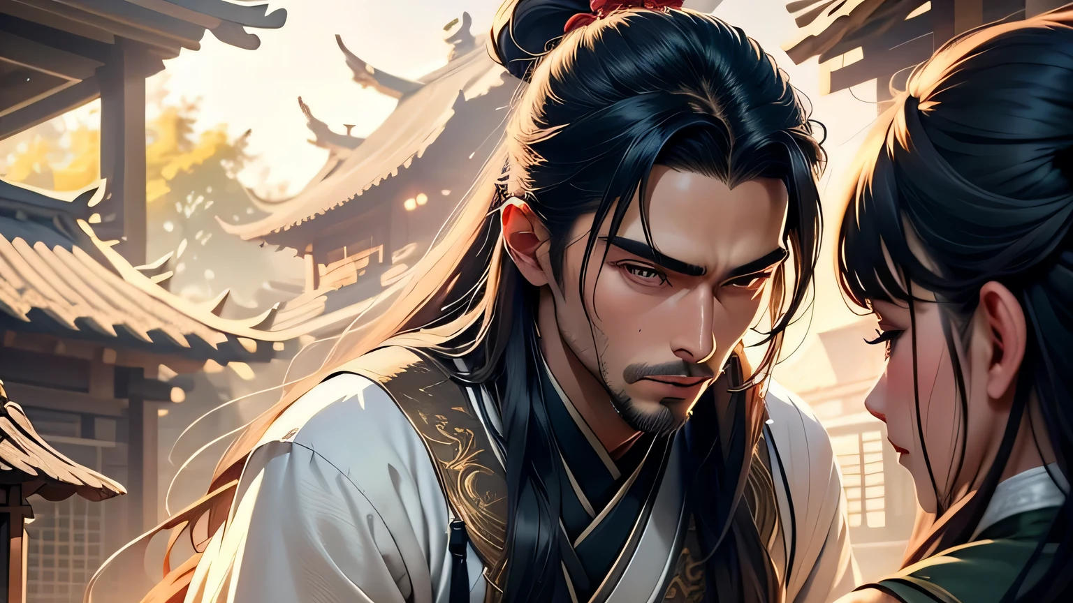 Next to a thatched house,father and daughter,say,Hanfu,touching heads,Long hair,Tall handsome young man,bend over,A 3-year-old girl with a round face wearing a pink Hanfu