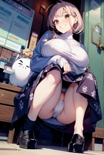 White sweater、Big Tits、Huge breasts、Soft Breasts、Grin、Stripes々Patterned underwear