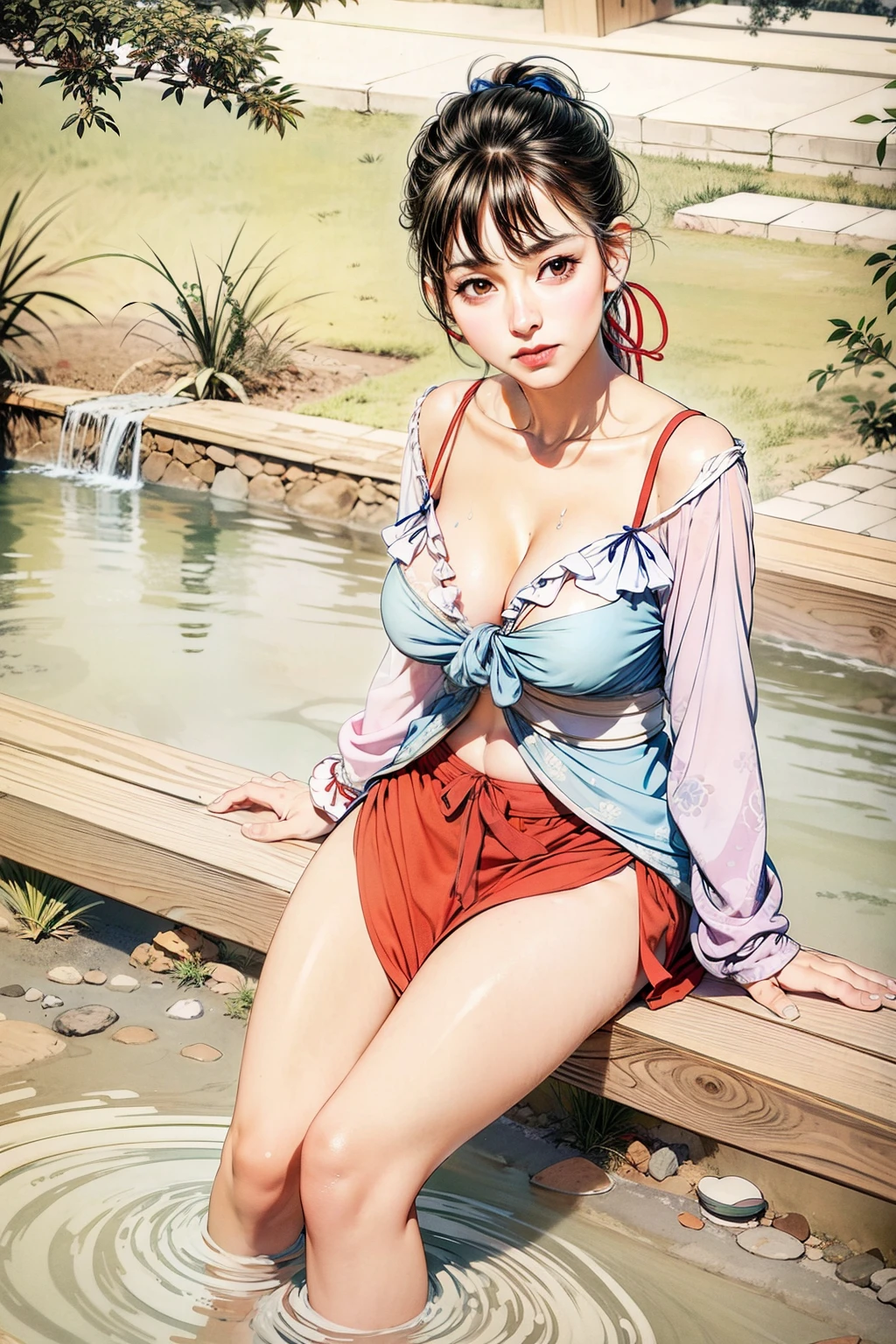 A sexy beauty sitting by the river washing clothes