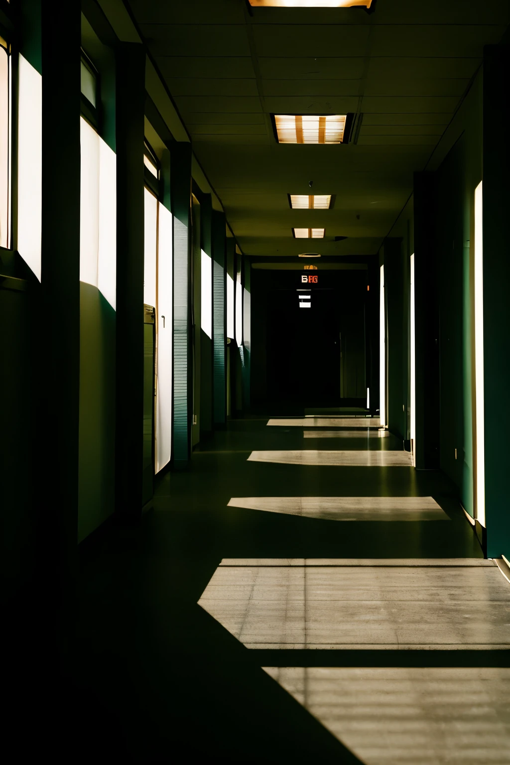 Horror game,A school corridor with light streaming in through the windows,A frightened high school girl with a black bob cut in front,1 high school girl,Cute 16-year-old girl,Japanese school building,dark hallway,Contrasting lighting and shadows