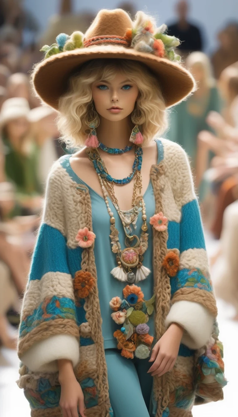 in style of Boho fashion design , Beautiful details，Cute alpaca fashion show， Alpaca Personified，whole body，Fashion trends for summer 2024，Floral，blue，green，Khaki，milky，Charming Alpaca，Enchanting Alpaca，Walking on a catwalk，Dynamic poses，Cool，Cute big eyes，necklace，hat，Fashion，make up，Cartoon，background：Fashion show catwalks