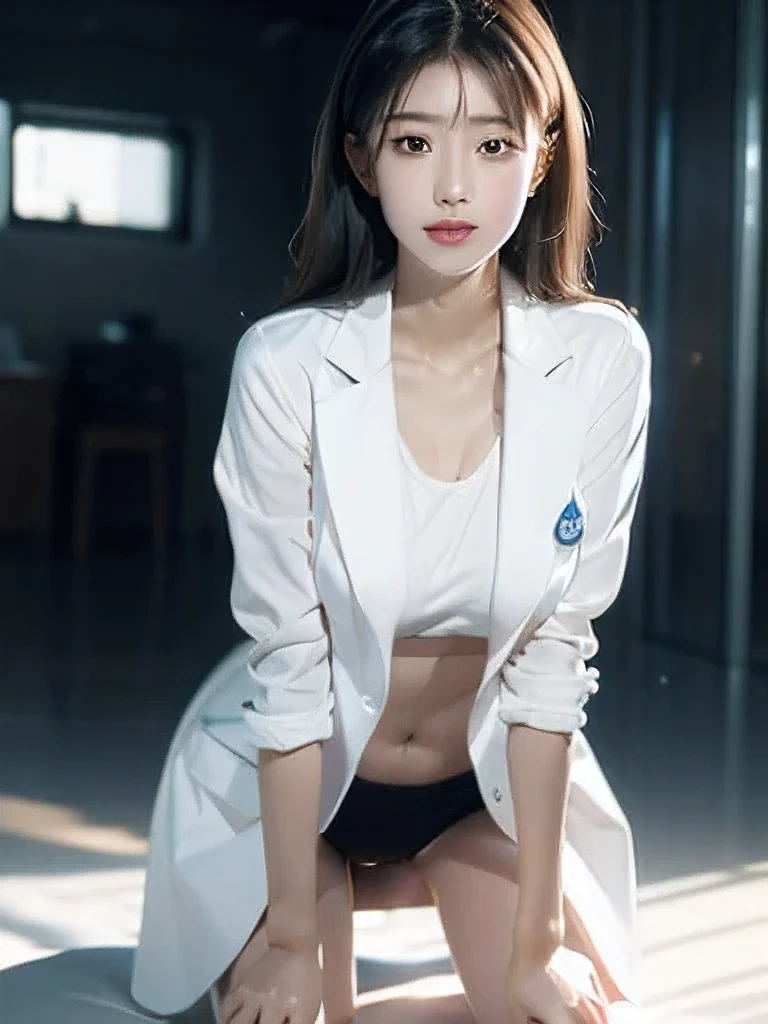 best quality, masterpiece, ultra high res, (photorealistic:1.4), RAW photo beauty　Beautiful face Slender　smile　whole body　leaning forward 　female doctor's white coat　stethoscope　Opens the chest　hospital　standing position, beautiful legs