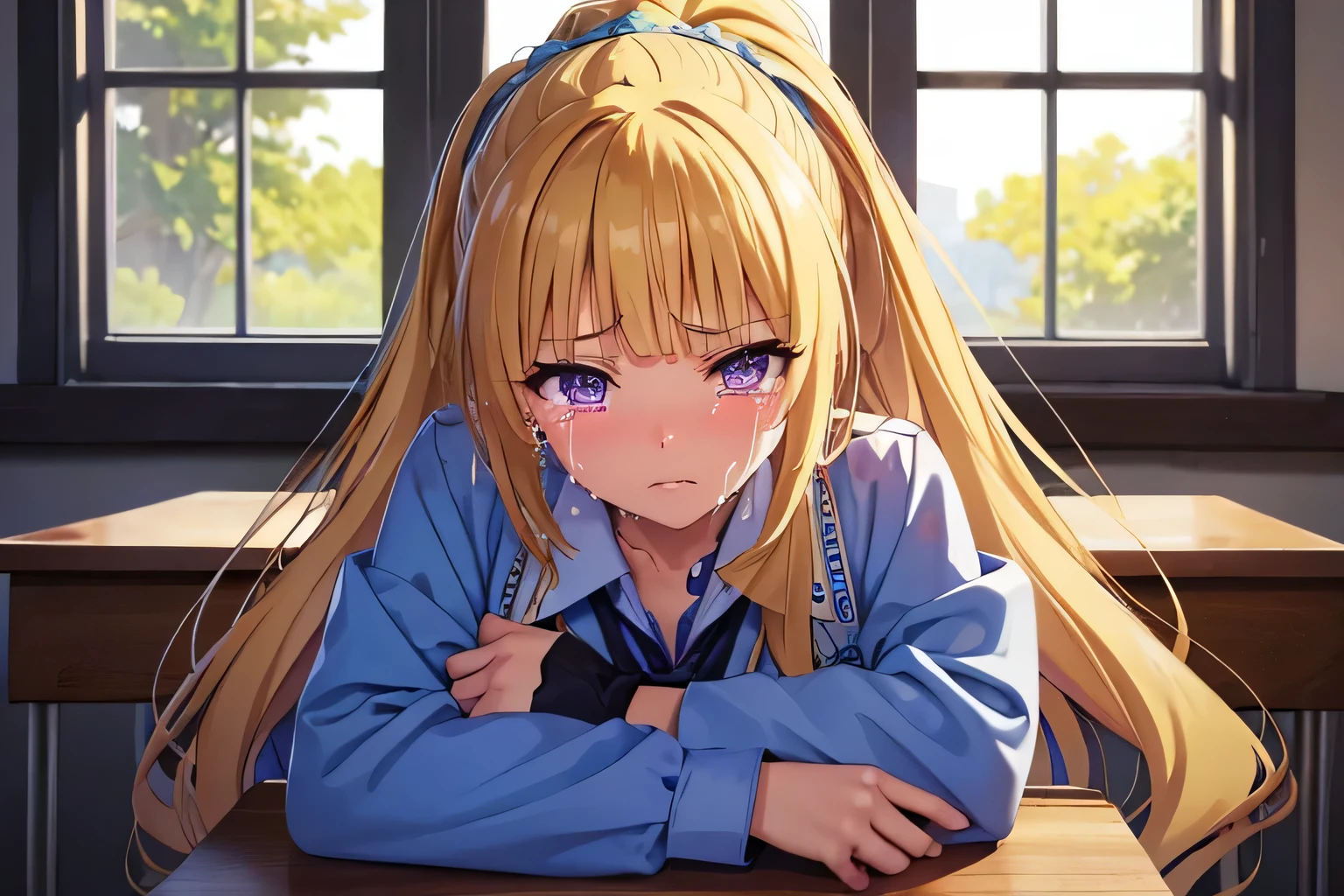 (masterpiece, top quality, best quality, official art, beautiful and aesthetic:1.2), (1girl:1.3), extremely detailed,(fractal art:1.2),colorful, highest detailed, parted lips,wallpaper,beautiful violet eyes, extreme detailed eyes, long hair, beautiful blonde hair, ponytail hairstyle, bangs, (sad, sadness expression, sadness face, crying), school outfit, (cowboy shot), in classroom, window, sitting on chair 