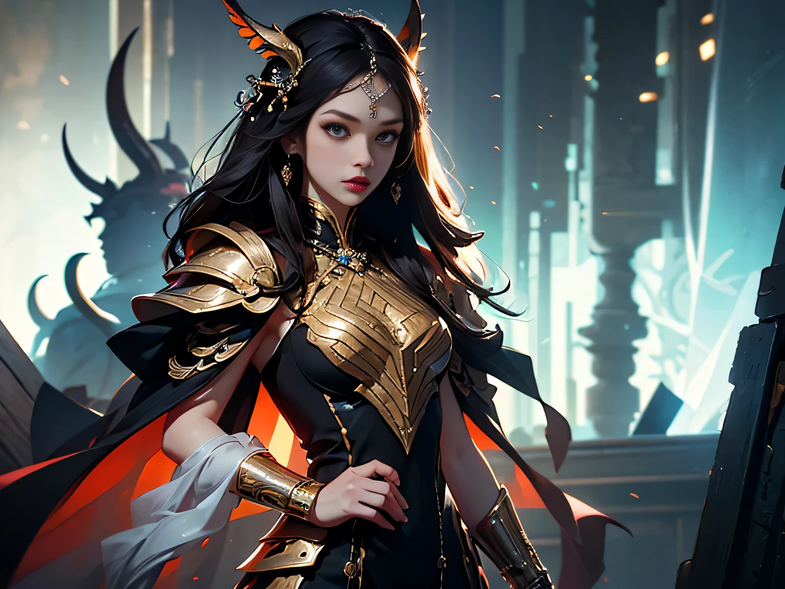 there is a woman in a black dress holding a silver object, blade and soul, 8 k character details, as a mystical valkyrie, lineage 2 revolution style, aion, inspired by Pu Hua, extremely detailed goddess shot, mechanized valkyrie girl, from ncsoft, mystical anubis valkyrie, wearing golden cat armor, <mmorpgs scene