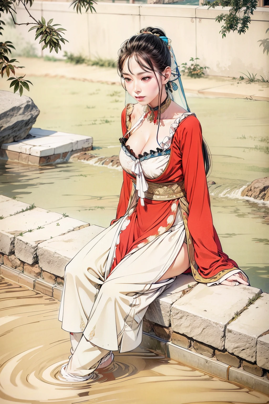 A sexy ancient costume beauty sitting by the river washing clothes