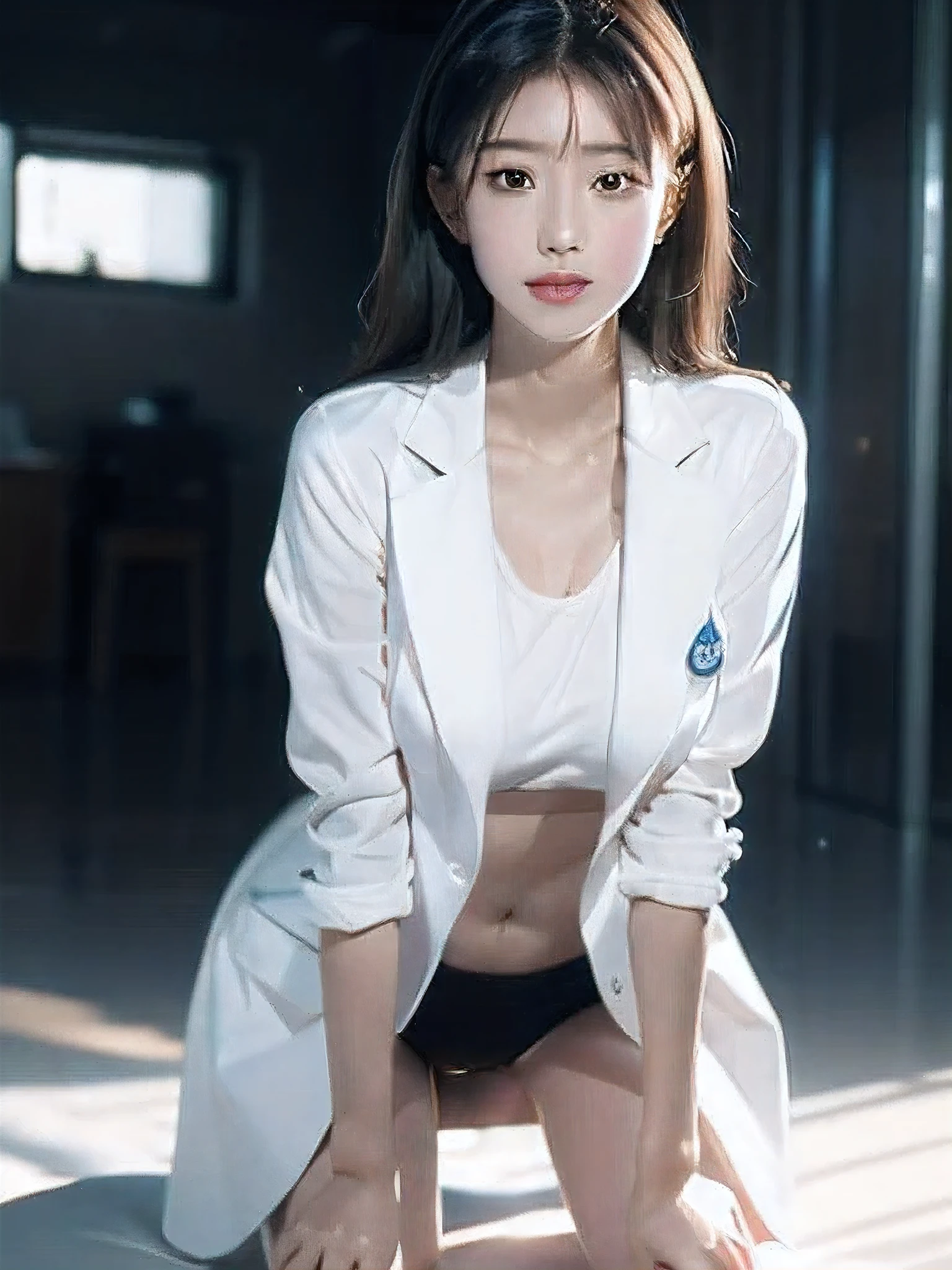 best quality, masterpiece, ultra high res, (photorealistic:1.4), RAW photo beauty Beautiful face Slender smile whole body leaning forward female doctor's white coat stethoscope Opens the chest hospital standing position, beautiful legs