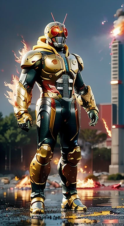 (kamen rider, (standing), kamen, full body detailed, detailed hands, good fingers, good hands, good legs, red scarf, low hood, ((epic burning city)), ruins, floating, explosion, debris, some fire and glitter background, ultra hd, ultra realistic texture, (flare lens:1.2), (long shot:0.9), (yellow armor:1.3)