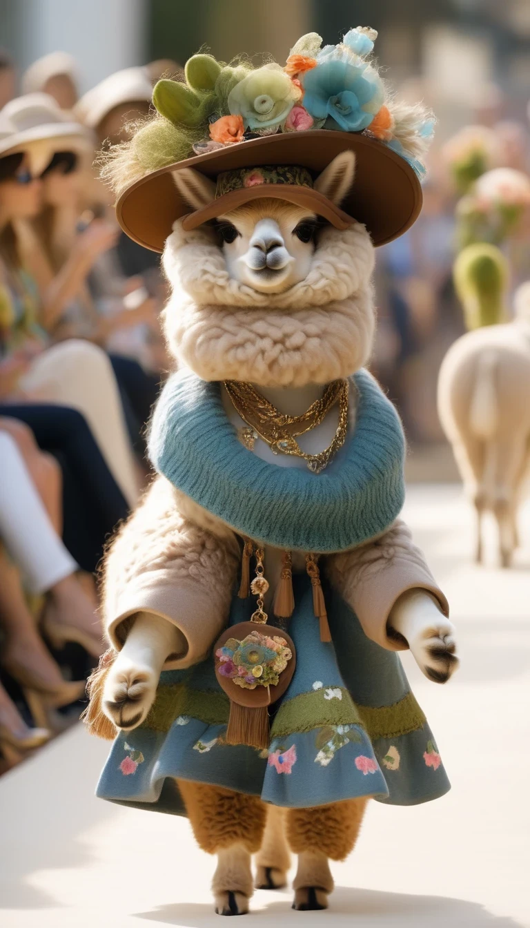 (Cute alpaca fashion show), Alpaca Personified,whole body,Fashion trends for summer 2024,Floral,blue,green,Khaki,milky,Charming Alpaca,Enchanting Alpaca,Walking on a catwalk,Dynamic poses,Cool,Cute big eyes,necklace,hat,Fashion,make up,Cartoon,in style of Cosplay fashion design , portrait,background:Fashion show catwalks