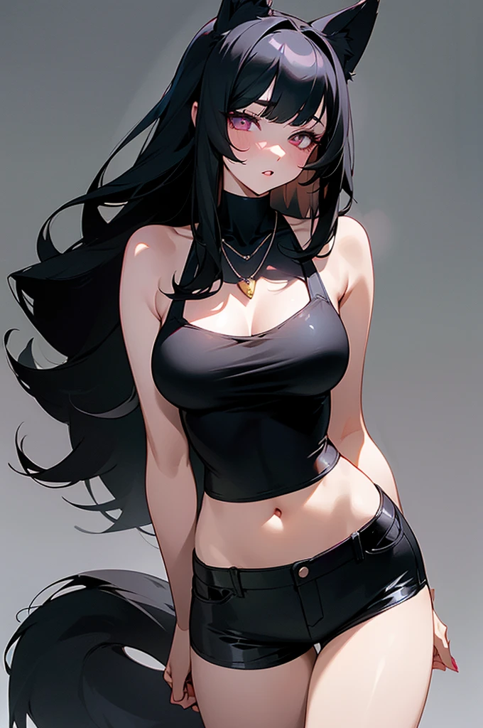 1 girl,long black hair,Qi bangs,light pink eyes,Perfect body slim curves,big lips,Parted lips,Soft beauty,shy,sexy,Wearing a pure black camisole,Wearing black shorts,Black dog ears,Black dog tail,black necklace,Outer city background,absurd,high resolution,Super sharp,8K,masterpiece