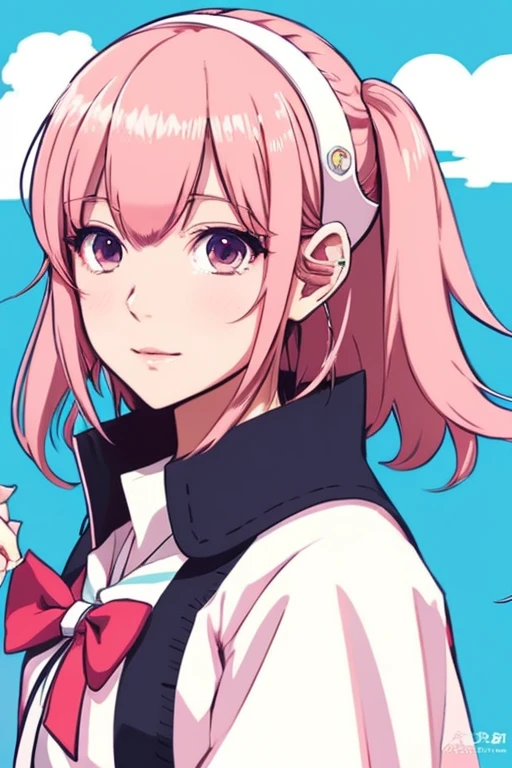 Anime Style,Pink haired anime school girl, Anime Moe Art Style, haruno sakura, sayori, chiaki nanami from danganronpa, Marin Kitagawa Fanart, yayoi kasuma, Cute girl anime visuals, Cute anime character design, Detailed Anime Character Art,She has an Evangelion headset-like accessory in her hair.,A female android robot-like design