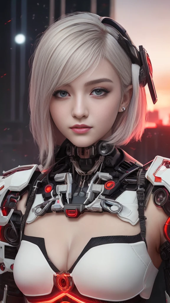 (8k, masterpiece, best quality), Super detailed, Delicate and beautiful round eyes, Facial details are exquisite, high quality, high resolution, Cyberpunk Girl, , Mecha, ruins, Perfect anatomical structure, white hair, perfect face, at night, Red moon background