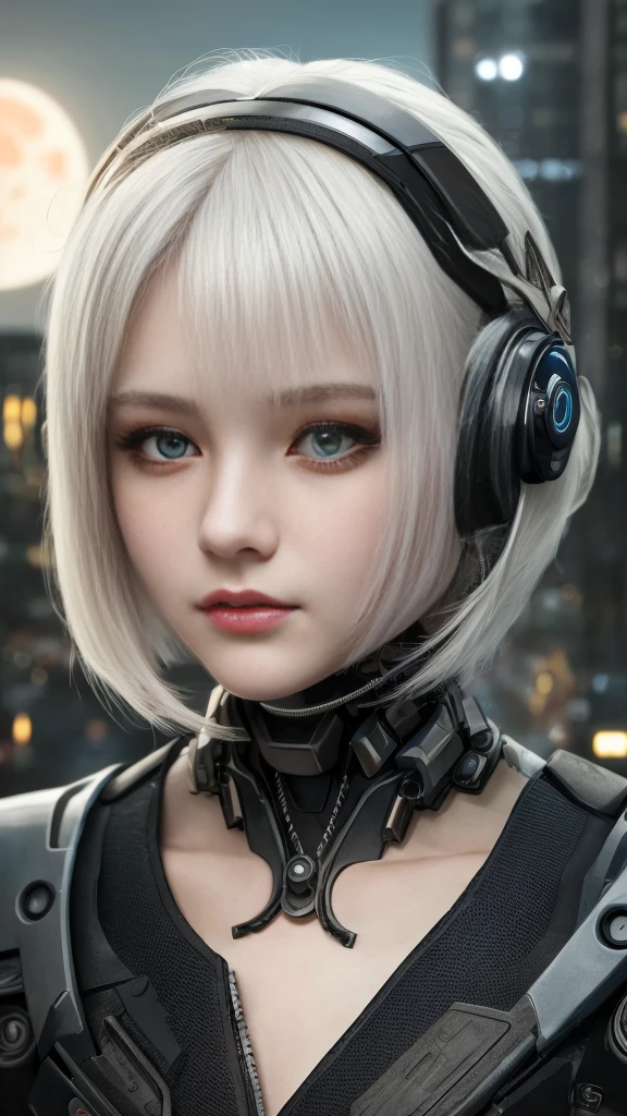 (8k, masterpiece, best quality), Super detailed, Delicate and beautiful round eyes, Facial details are exquisite, high quality, high resolution, Cyberpunk Girl, , Mecha, ruins, Perfect anatomical structure, white hair, perfect face, at night, Red moon background