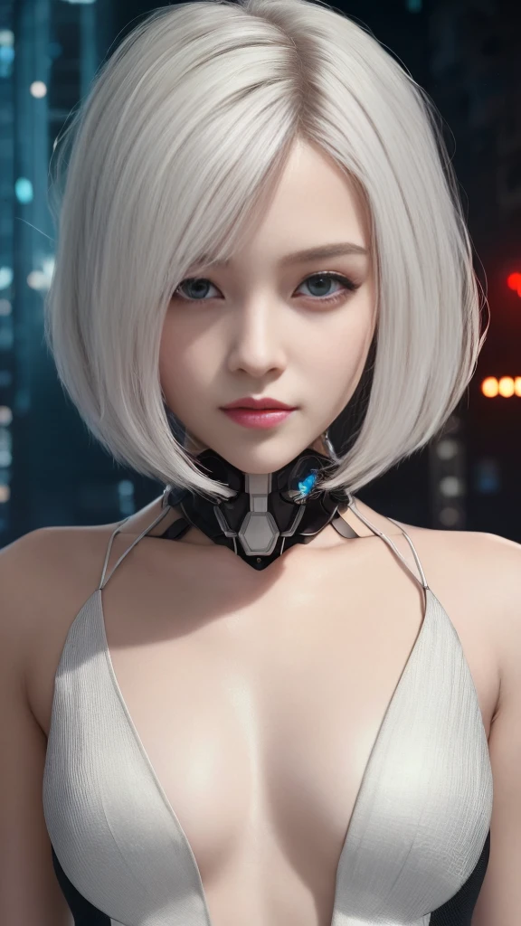 a close up of a woman with a very big breast, cyborg - girl with silver hair, cute cyborg girl, photorealistic girl render, 8k portrait render, beautiful white girl cyborg