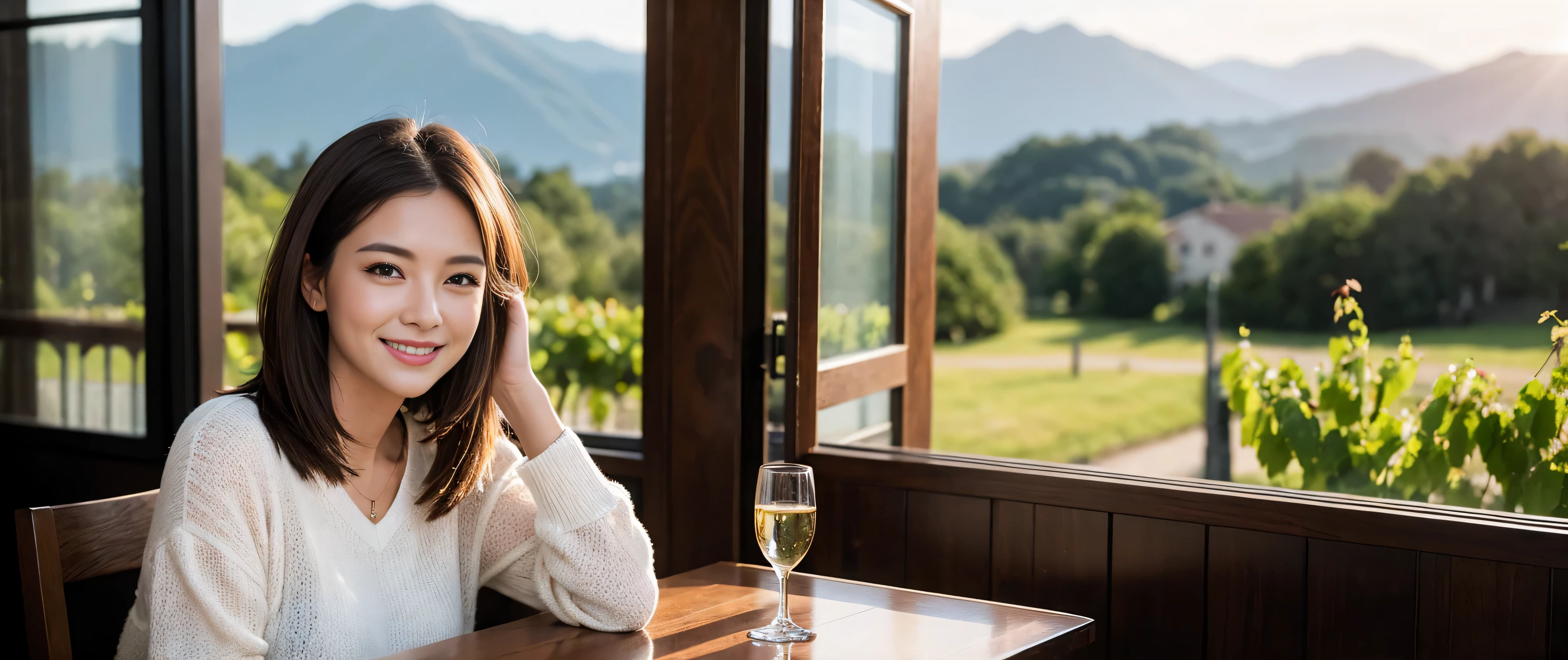 ((highest quality、8k、masterpiece:1.3))、Beautiful woman perfect body:1.4、Slim body、((Bob Hale、Straight hair:1.2))、 Ultra-high resolution, Bright image、2. The beauty of wine, Beautiful Face, blue eyes, Beautiful Eyes, The light shines on your face, Blushing your nose, short hair,Spectacular view of the sunset sky and clouds、Amazing mountain views、A bright smile、A lovely woman with a smile、Bright Face、Fox face、Lady、Champagne、Wine bottle、wine glass、red wine 、Appetizer、Italian food、Two beauties、brown hair、Shortcuts、Long sleeve shirt、Winter Fashion、dress、Wine bottle、sparkling wine、Pretty Woman 1, (slim face), (brown hair), (Shortcuts), cheeks turn a little red, (42 years old), 39 years old, charming beauty、restaurant, nova frog style, actress, model, Upper Body, White wine, slim, wine glass, wine glass placed in the middle, smile, (smile: 1.15), Beautiful Eyes, Strong light and shadow,Moist Body:1.5、Delicate eyes、brown hair、The hair is very shiny、