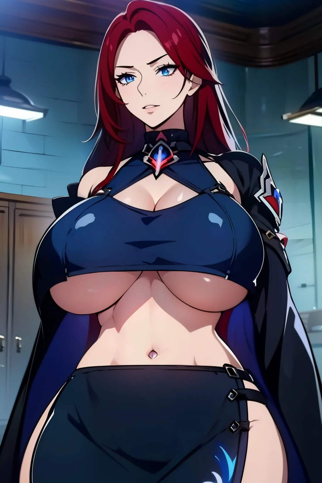 An anime-style artwork depicting acheron from the game Honkai star rail.
Tags: acheronhsr, anime, detailed eyes, detailed lips, black crop top, black turtleneck, black pencil skirt, smiling expression, intense gaze, glowing emblem on hand, dynamic pose, mystical background, vibrant colors, digital art, high-resolution, professional quality, gigantic breasts, (underboob : 1.4), curvy, cowboy shot, (gigantic breasts: 1.4), (blue eyes: 1.4), (red hair: 1.4)