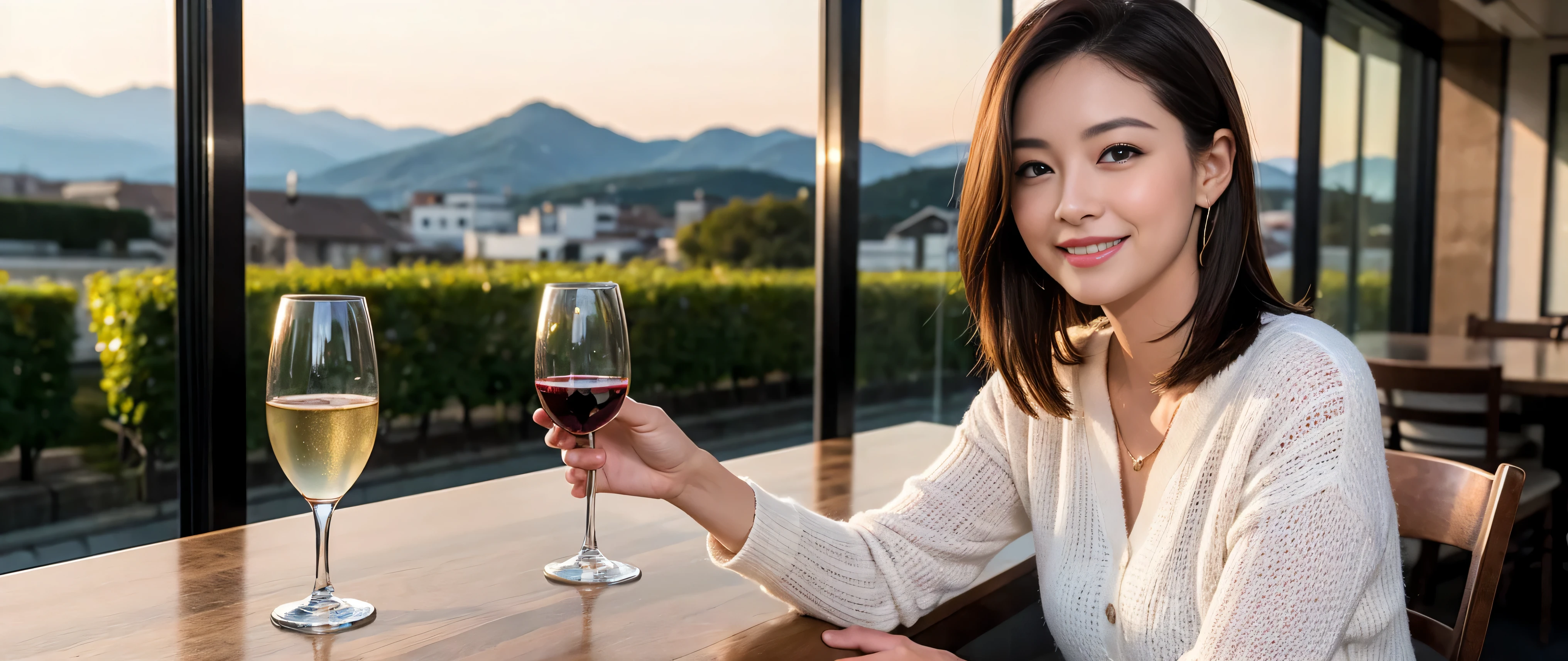 ((highest quality、8k、masterpiece:1.3))、Beautiful woman perfect body:1.4、Slim body、((Bob Hale、Straight hair:1.2))、 Ultra-high resolution, Bright image、2. The beauty of wine, Beautiful Face, blue eyes, Beautiful Eyes, The light shines on your face, Blushing your nose, short hair,Spectacular view of the sunset sky and clouds、Amazing mountain views、A bright smile、A lovely woman with a smile、Bright Face、Fox face、Lady、Champagne、Wine bottle、wine glass、red wine 、Appetizer、Italian food、Two beauties、brown hair、Shortcuts、Long sleeve shirt、Winter Fashion、dress、Wine bottle、sparkling wine、Pretty Woman 1, (slim face), (brown hair), (Shortcuts), cheeks turn a little red, (42 years old), 39 years old, charming beauty、restaurant, nova frog style, actress, model, Upper Body, White wine, slim, wine glass, wine glass placed in the middle, smile, (smile: 1.15), Beautiful Eyes, Strong light and shadow,Moist Body:1.5、Delicate eyes、brown hair、The hair is very shiny、