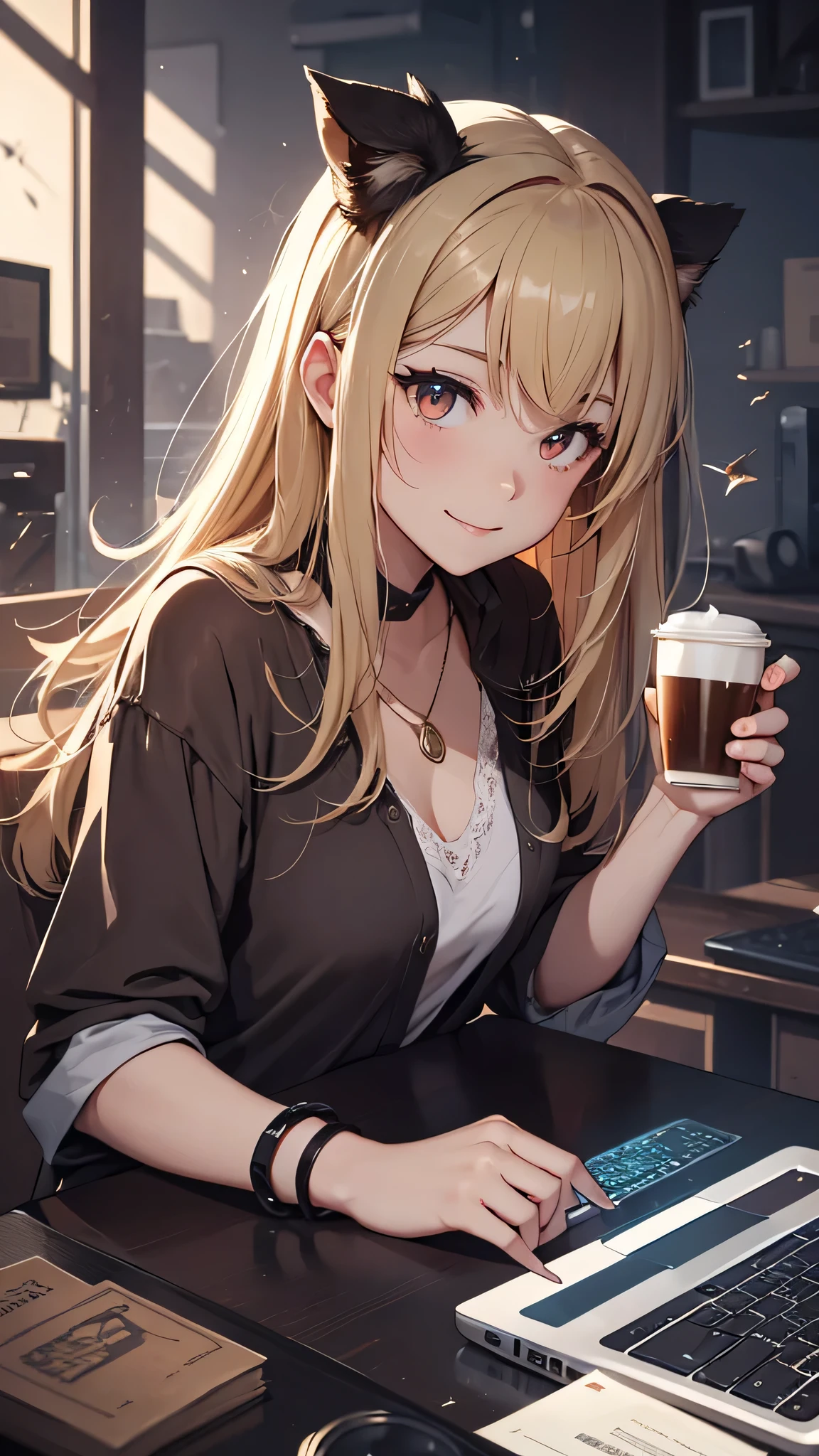 最high quality、Best image quality、masterpiece、girl((18-year-old、 By becoming、Best Bust、Medium Bust,Wide open breast tea、red glowing eyes, Blonde、Disheveled Hair、Long Hair、thin,The highest valley、Black open-neck short-sleeved shirt、Open chest、White wristband、smile、Leaning forward、hair ornaments、have a laptop、Side angle、Lointail)),high quality、Beautiful art、background((White computer room、Coffee cup、line of light))、Flight、Flying debris、Written boundary depth、movie、Visual Arts、Perfect art、8K,Genuine、