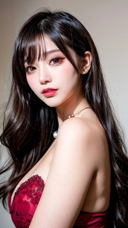 Canon RF 85mmf/1.2,masutepiece,Best Quality,超A high resolution,tu,1 girl,(Korean mixed,Kpop Idol:1.2),Solo,white_shiny_skin,Black eyes,Necklace,brown_long_Wavy_hair,Red lipstick bright_shiny_Lips,Eyelashes,Bangs,deal,make - up,shiny,Pore,skin texture,Bracelet,off shoulders,See-through,Big breasts