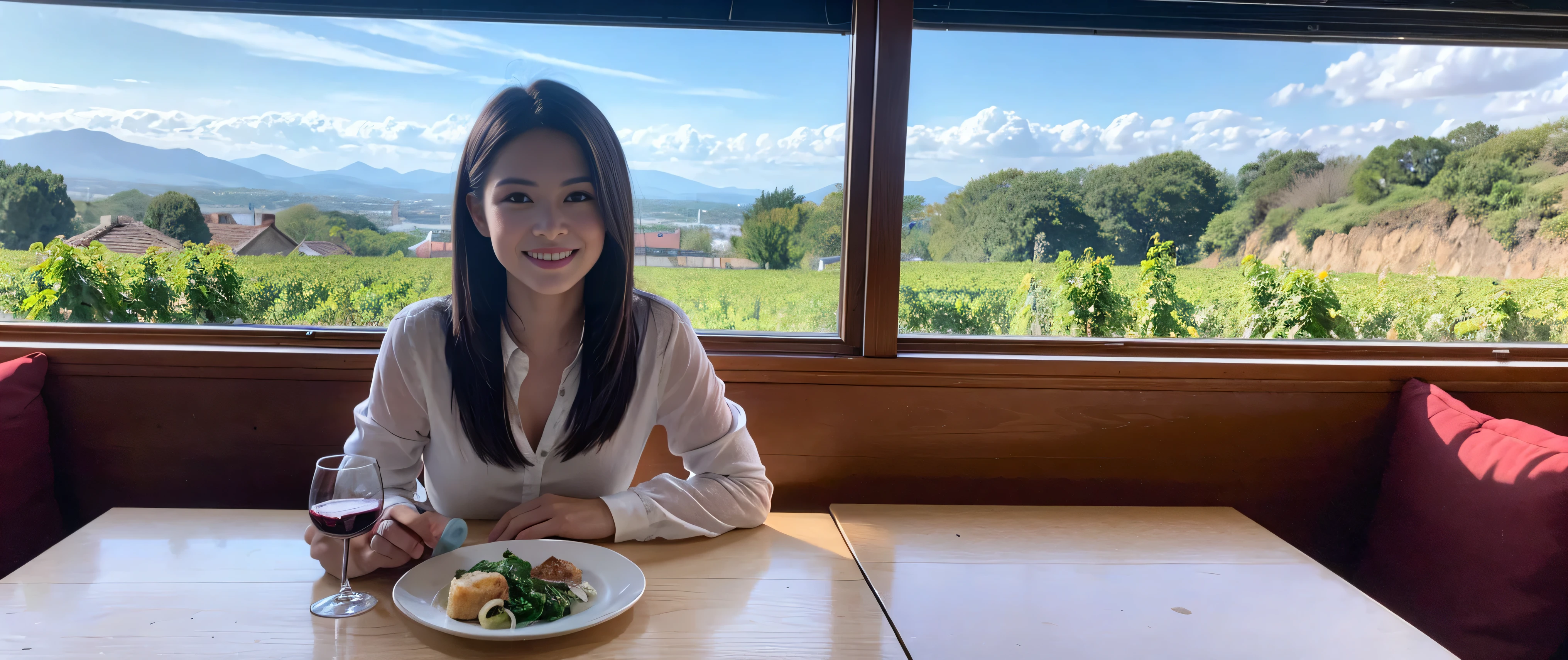 ((highest quality、8k、masterpiece:1.3))、Sharp focus:1.2、Beautiful woman perfect body:1.4、Slim body、((Bob Hale、Straight hair:1.2))、(to be born, highest quality, masterpiece:1.5), (Realistic, Intricate details:1.2), Ultra-high resolution, Spectacular view of the sunset sky and clouds、Amazing mountain views、A bright smile、A lovely woman with a smile、Bright image、2. Wine Beauties, Beautiful Face, blue eyes, The light shines on your face, Blushing, short hair,Bright face、Fox face、 (36 years old), 39 years old, Lady、red wine 、hors d'oeuvre、Italian food、wine bottle、Champagne、sparkling wine、two beauties、brown hair、Shortcuts、Long sleeve shirt、dress、Pretty Woman 1, (slim face), (The body is slim), (brown hair), (Shortcuts), cheeks turn a little red,charming beauty、, Out of the window, A beautiful and detailed night view unfolds.........., restaurant, In a prominent place (From the waist up) nova frog style, actress, model, Upper Body, White wine, slim, wine glass, wine glass placed in the middle, smile, (smile: 1.15), Beautiful fine grain, Depth f/2,saturation, High Contrast, Strong light and shadow,Moist Body:1.5、3D texture、Delicate eyes、brown hair、The hair is very shiny、