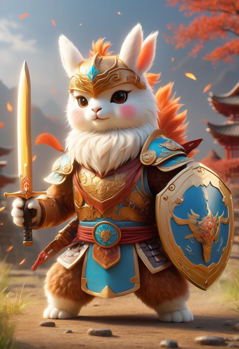 Lightning Alpaca Warrior, Strong muscles, Wearing retro Sengoku era sci-fi armor, Holding a sword in his left hand, BREAK, Holding a shield in his right hand, Crossbow ready to fire, Aim at you, Technology elements, Standing, Pop Mart Super Cute IP, UHD, masterpiece, ccurate, anatomically correct, super detail, best quality, 8k