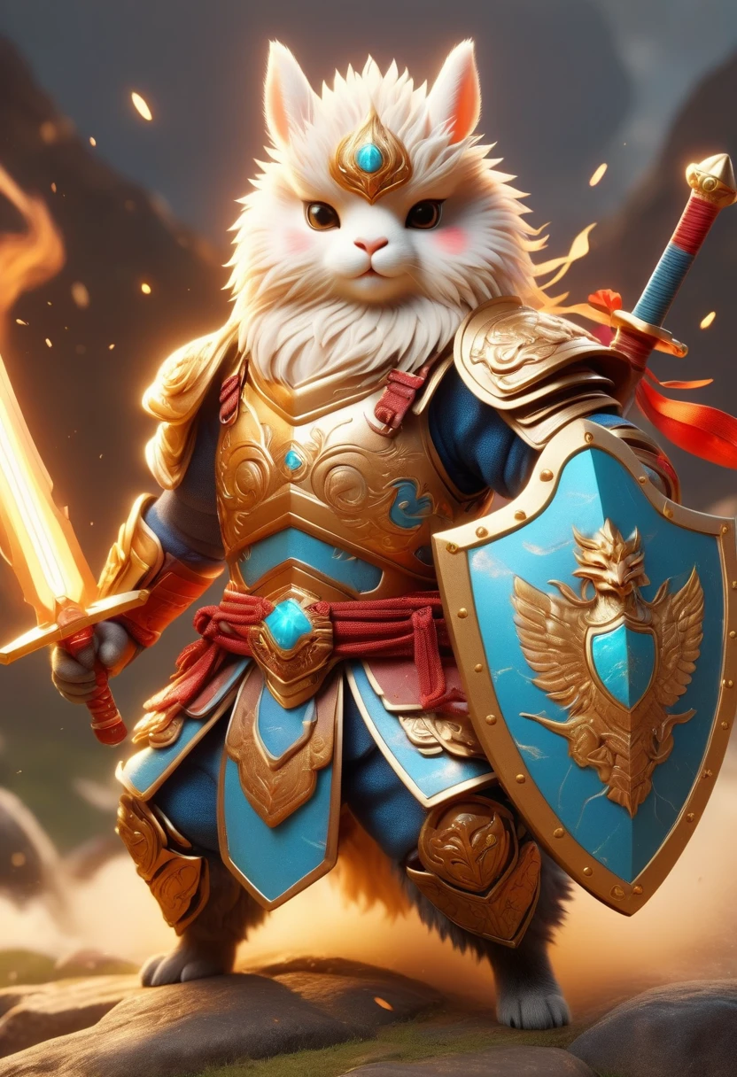 Lightning Alpaca Warrior, Strong muscles, Wearing retro Sengoku era sci-fi armor, Holding a sword in his left hand, BREAK, Holding a shield in his right hand, Crossbow ready to fire, Aim at you, Technology elements, Standing, Pop Mart Super Cute IP, UHD, masterpiece, ccurate, anatomically correct, super detail, best quality, 8k