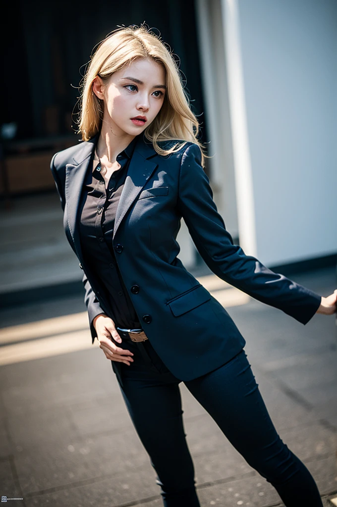 best quality, masterpiece, Ultra-high resolution, (Reality:1.4), original photo, 1 Girl, Blonde hair, blue eyes,  Detailed eyes and face, Black suit, Dynamic Lighting, in the darkness, Deep Shadow, Low profile, Cowboy full body shot