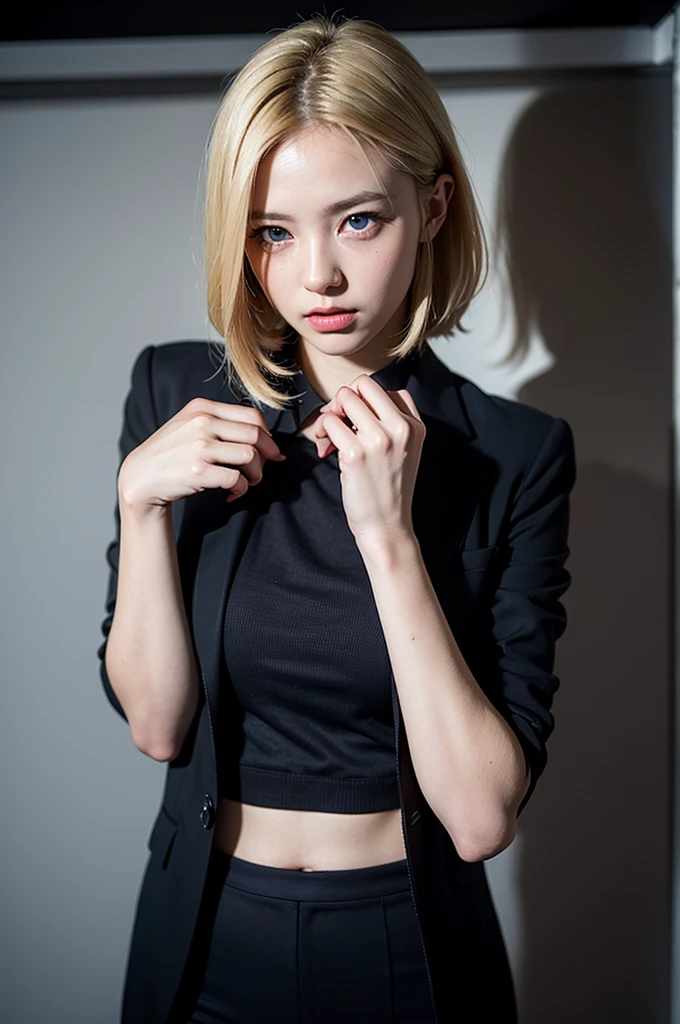 best quality, masterpiece, Ultra-high resolution, (Reality:1.4), original photo, 1 Girl, Blonde hair, blue eyes, Detailed eyes and face, Black suit, Dynamic Lighting, in the darkness, Deep Shadow, Low profile, Cowboy full body shot