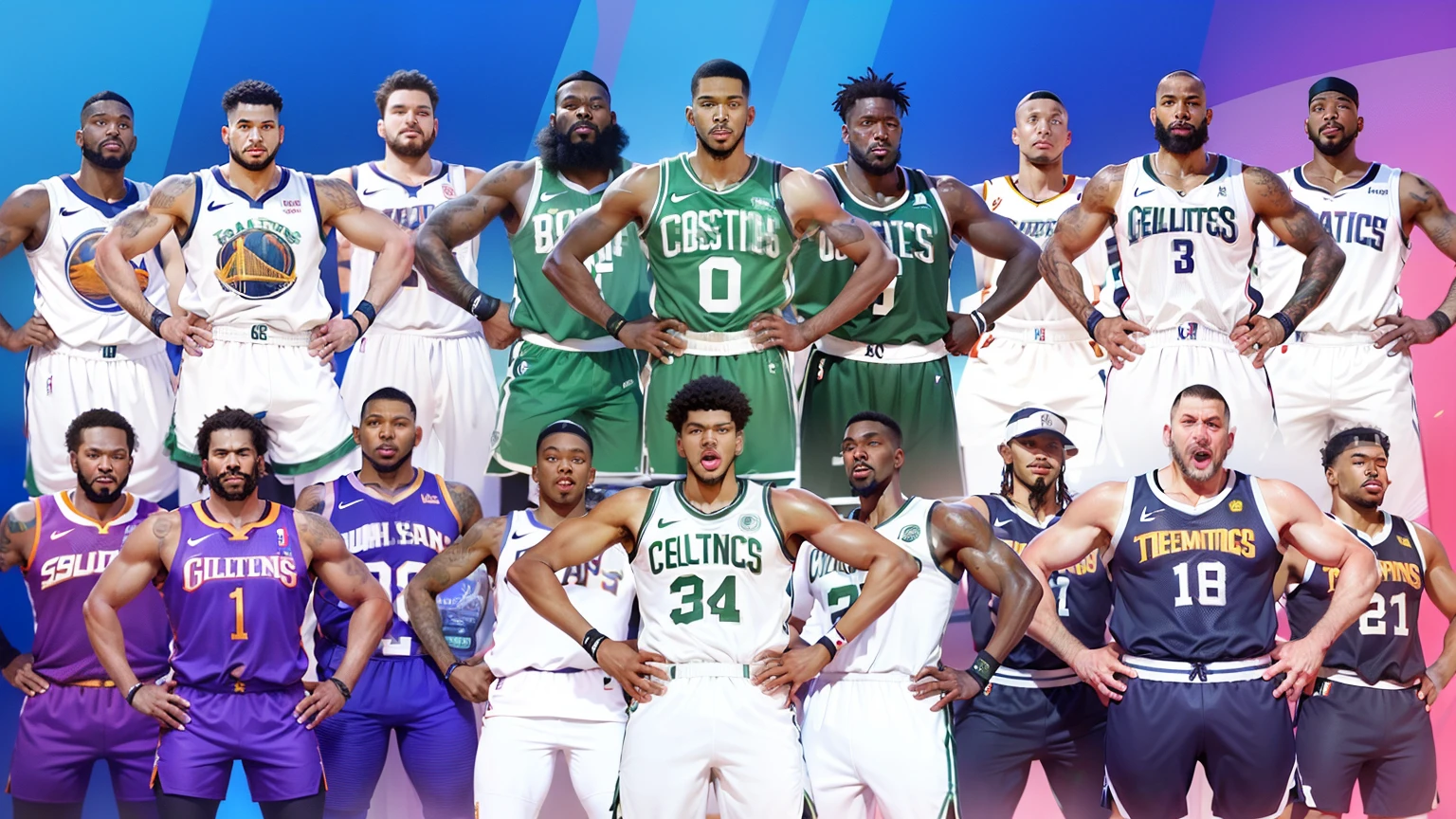 arafed image of a group of basketball players posing for a picture, nba, wearing nba jersey, the nba finals, nba finals, emma watson as a tall nba player, full team, edited, celtics, ๐ฟ๐๐, ๐คฌ ๐คฎ ๐ ๐, trending on dribble, boston celtics, ๐ฃ ๐ฅ๐ฃ ๐ฅ, suns, trending ๏ผ, teams