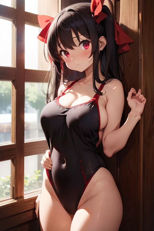 Reimu Panties visible Huge breasts Breasts visible Troubled face Wearing a swimsuit Breasts visible Breast size is 25