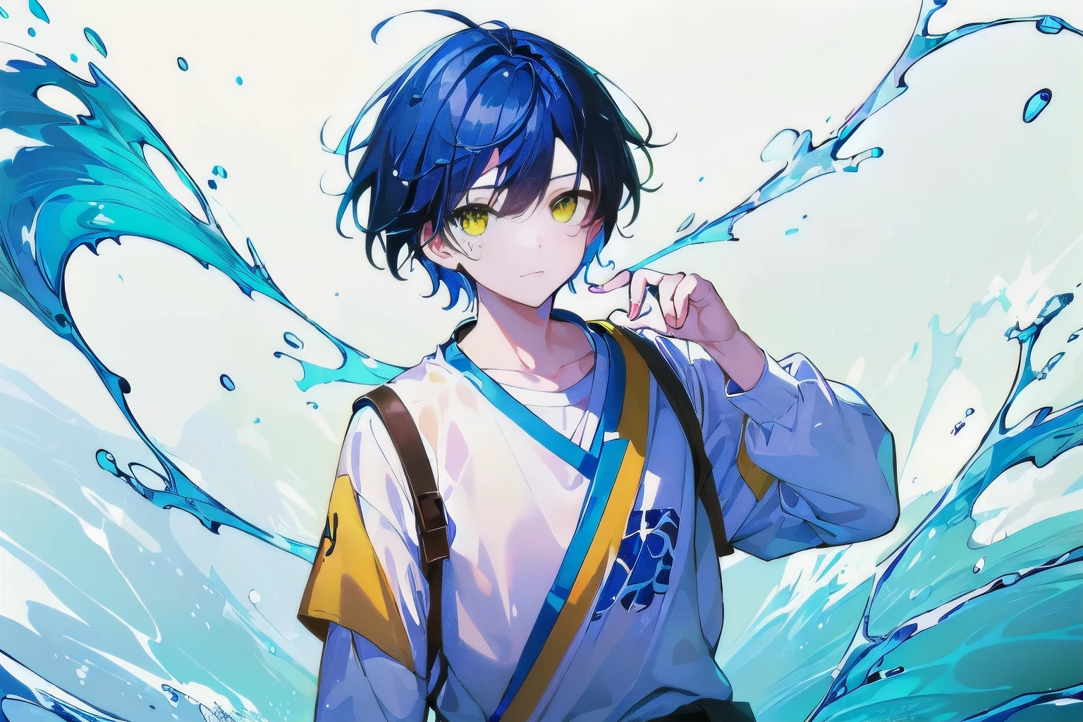 [(WHITE BACKGROUND:1.5),::5], ((((masterpiece)))), high quality, very_high_resolution, large_filesize, full color, ((younger boy)), 13 old year, short deepblue hair, vivid color, ((yellow eye)), civilian clothes white, anime, Below the knee to upper body, (Soda Splash effect:1.3)