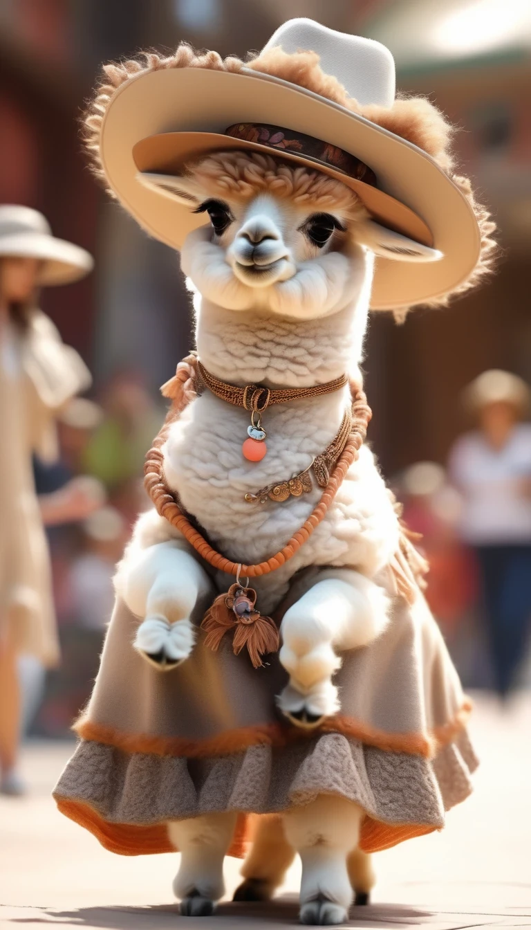 （Cute alpaca fashion show）， Alpaca Personified，whole body，Fashion trends for summer 2024，Khaki，milky，Charming Alpaca，Enchanting Alpaca，Walking on a catwalk，Dynamic poses，Cool，Cute big eyes，necklace，hat，Fashion，make up，Cartoon，in style of Cosplay fashion design , portrait，background：Fashion show catwalks