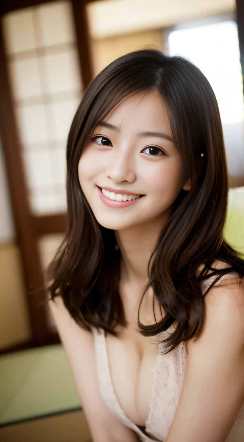 masterpiece,best quality,(Japanese ),((Beautiful girl)),cleavage,indoor,(perfect body beauty:1.2),(shy smile),beautiful teeth,