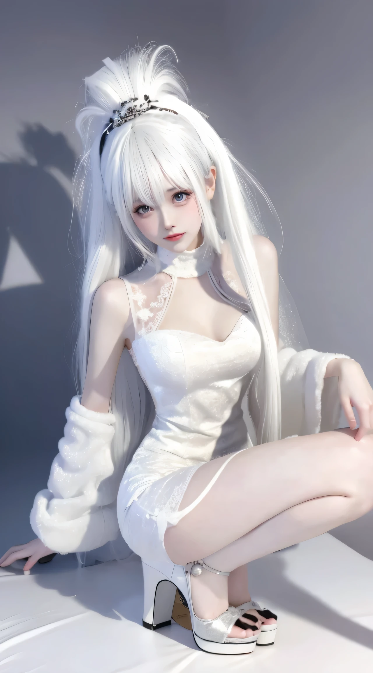 8k, Surreal, masterpiece, best quality, Ultra Detailed, high resolution, Random background, 1 girl, (:1.5), Yao Liu, white hair，whole body，White Wedding Dress，High heel，whole body，