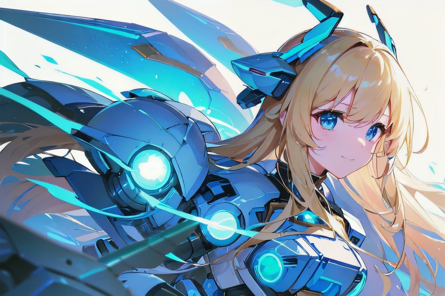 [(WHITE BACKGROUND:1.5),::5], masterpiece, absurdres, best quality, best aesthetic, ultra detailed, 1girl, solo, ((blond hair)), long hair, blue eyes, science fiction, (mecha musume:1.4), mechanical parts, headgear, v-fin, mechanical wing, mechanical Armor, smile face, ((neon light blue)), Below the knee to upper body, Anime style