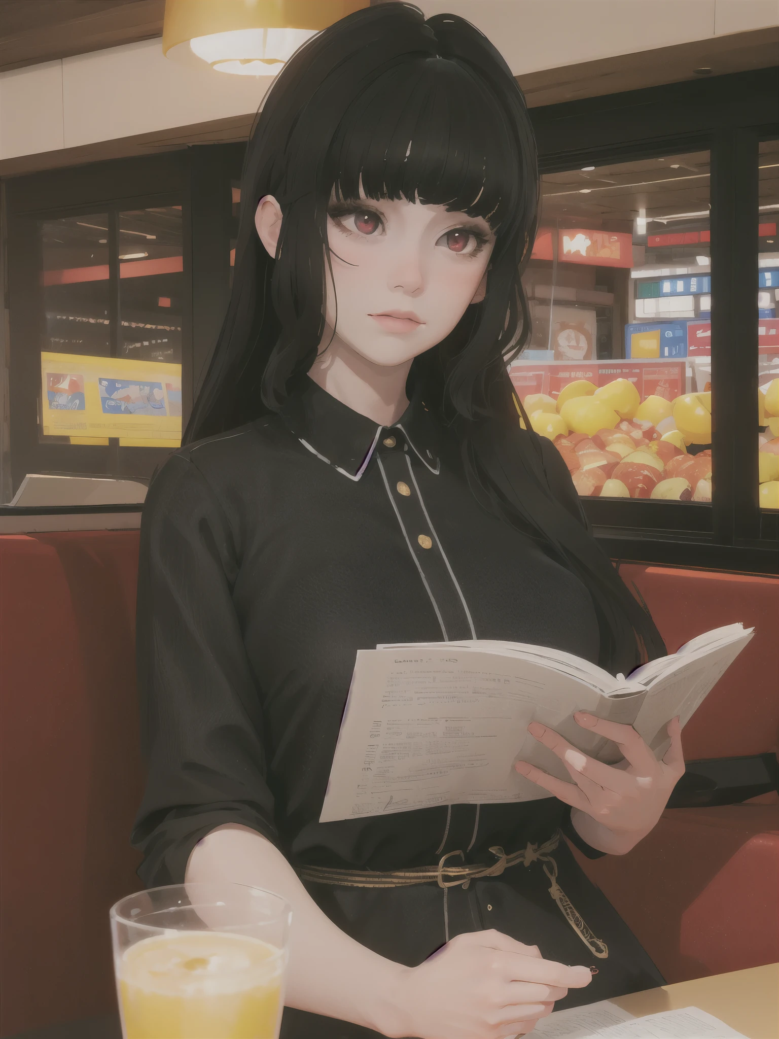 masterpiece, night, highly detailed, stars, best quality, 1girl, solo at night, Luna, black hair, red eyes, blunt bangs, reading, black clothes 