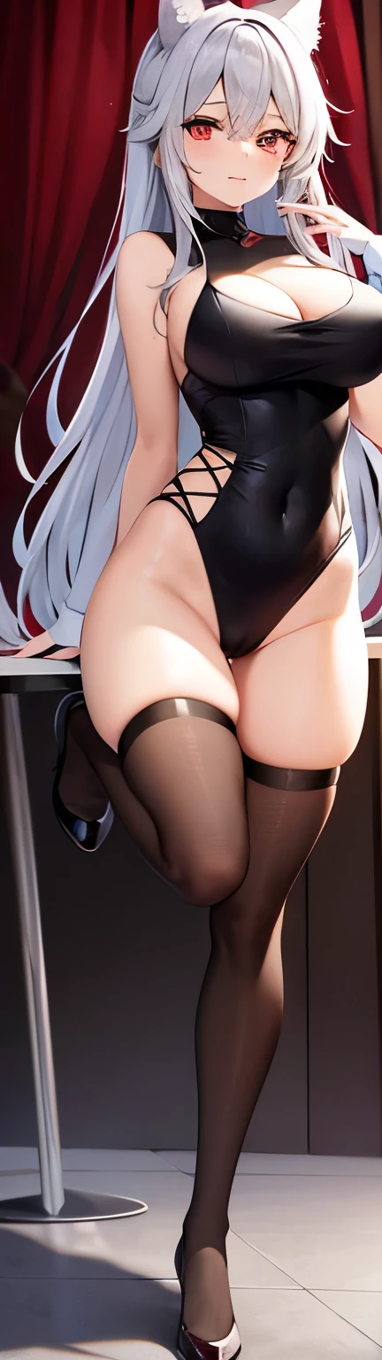 highest quality　High resolution　A young beautiful woman　Red eyes　Beautiful gray hair　Medium Perm　cute soft girl　Cat ear　A virgin killer with amazing breasts　BBW　open your legs vertically　Standing on one leg　Love love　Heart symbol