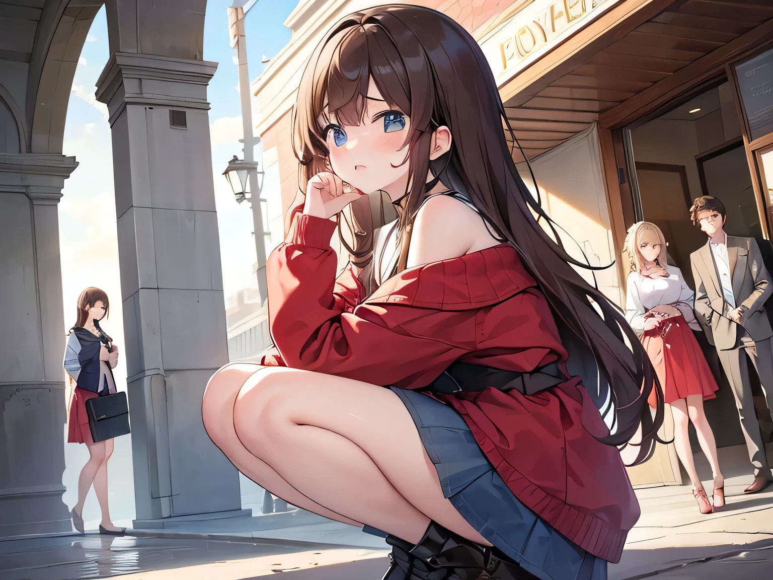 spread legs with squatting pose、M-shaped legs、Spread your legs、Sit on the ground、I'm looking away、In town、bustling street、cap、Panties with horizontal stripes、Shoulder bag、mini skirt、Private Server、Girl、Girl、Younger、Baby Face、flat chest、Dynamic Angle、smile、Both eyes open、Voyeur style、ground