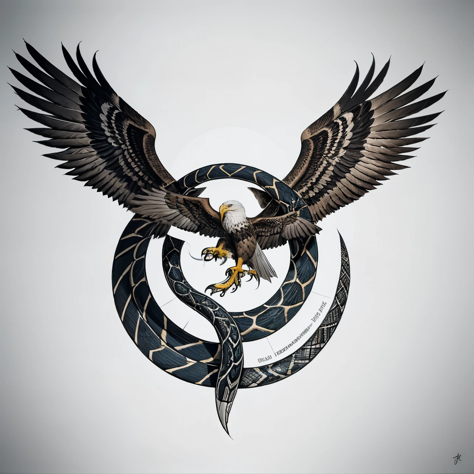 Tattoo design of a snake and an eagle that together form a circle
