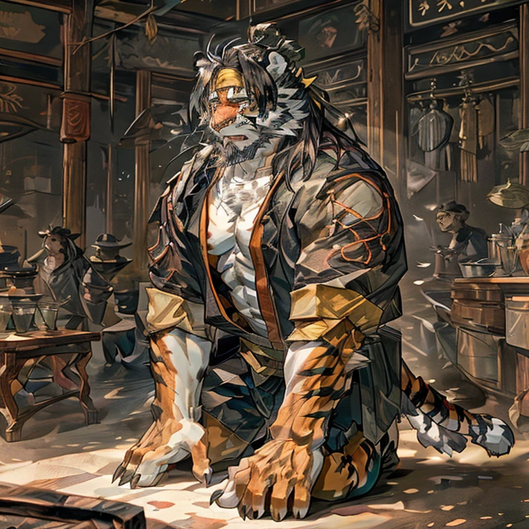 Masterpiece,Best quality,1boys,(Huai_Tianpei),Solo,Muscular male,hi，It's nothing,16K，HD,Extreme detail,Detailed background,Masterpiece,Muscular,muscular anthro,aged up,view the viewer,hair-bun,Beard,Sideburns,Open clothes,Chinese clothes,Claws,Thick eyebrows,Orange body,Facial hair,Tiger tail,Brown hair,Headband,Tiger ears,Tiger Boy,Medium hair,Upper body,Kneeling on both knees, Keep someone&#39;s appearance, Two hands grab someone&#39;s hand, helpless, Pitiful look, The look of being rejected, Love cannot be conveyed, Emotional outbursts, Loss of emotional control, Emotional, Lovelorn Look, Appear all over the body, Rich in details, Furry texture, He burst into tears, constricted pupils, half-closed eyes, aqua eyes, crying with eyes open, tears, wide eyes, messy hair, wet hair, sad, saliva, mouth hold, screaming, crying, scared, tearing up, jealous, nervous, shaded, unconscious, expressions, moaning, endured face, glint, yandere, skin fang, fang, fang out, light blush, teeth, expressionless eyes, disappointed, envy, jealous, upset, horrified, sobbing, worried, panicking, sulking, frustrated，whole body，Fluffy skin, UHD, retina, masterpiece, ccurate, anatomically correct, textured skin, super detail, high details, high quality, award winning, best quality, highres, 1080P, HD, 16K，not blurry, Clarity, Ultra HD, furry, HD, masterpiece