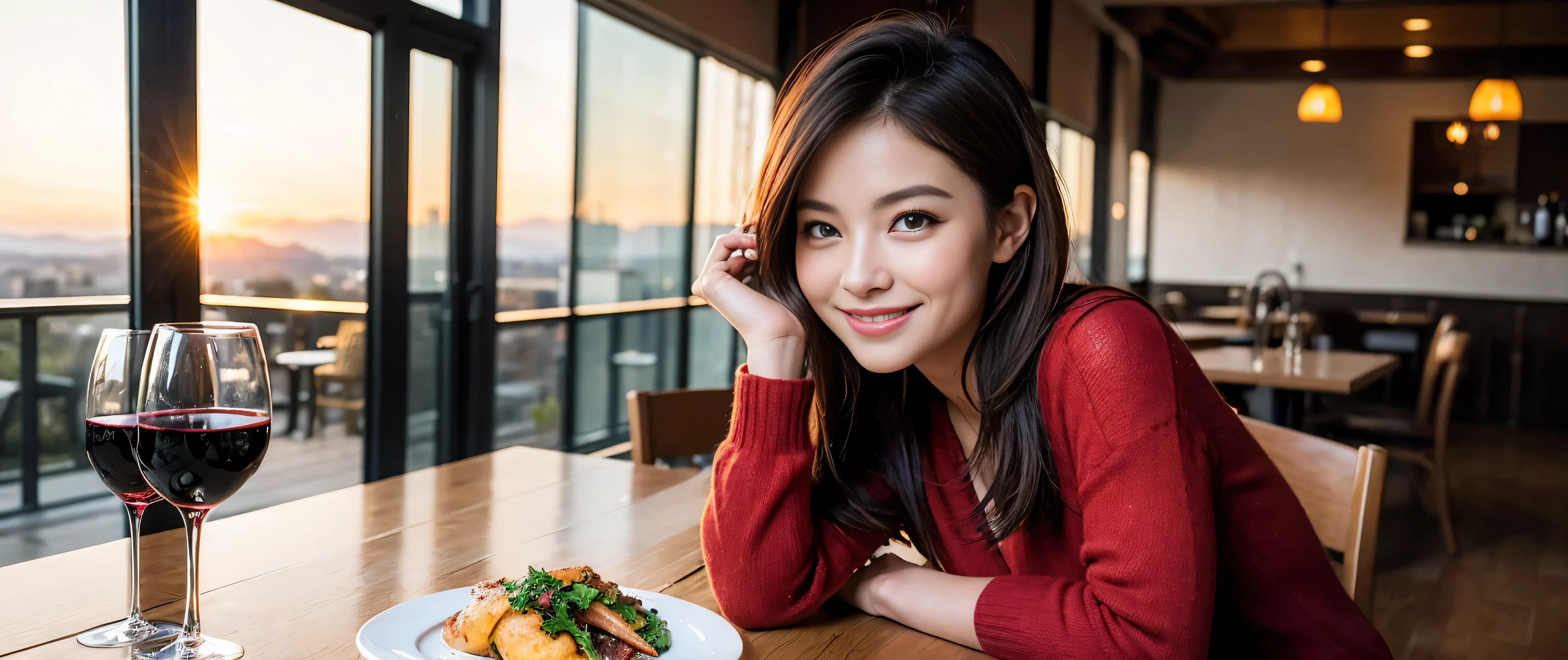 ((highest quality、8k、masterpiece:1.3))、Beautiful woman perfect body:1.4、Slim body、((Bob Hale、Straight hair:1.2))、 Ultra-high resolution, Bright image、2. The beauty of wine, Beautiful Face, blue eyes, Beautiful Eyes, The light shines on your face, Blushing your nose, short hair,Spectacular view of the sunset sky and clouds、Amazing mountain views、A bright smile、A lovely woman with a smile、Bright Face、Fox face、Lady、Champagne、Wine bottle、wine glass、red wine 、Appetizer、Italian food、Two beauties、brown hair、Shortcuts、Long sleeve shirt、Winter Fashion、dress、Wine bottle、sparkling wine、Pretty Woman 1, (slim face), (brown hair), (Shortcuts), cheeks turn a little red, (42 years old), 39 years old, charming beauty、restaurant, nova frog style, actress, model, Upper Body, White wine, slim, wine glass, wine glass placed in the middle, smile, (smile: 1.15), Beautiful Eyes, Strong light and shadow,Moist Body:1.5、Delicate eyes、brown hair、The hair is very shiny、