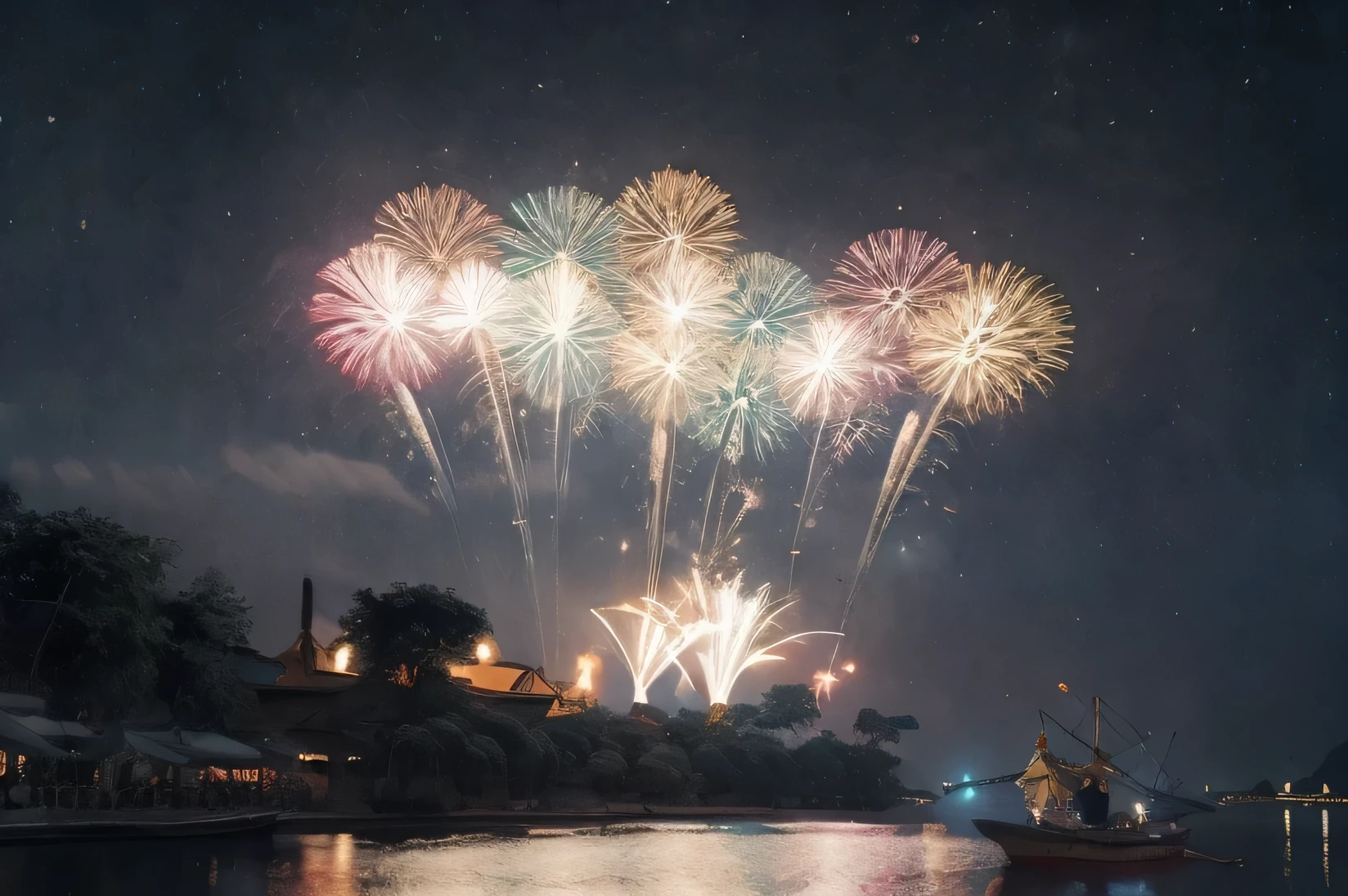 (best quality,4k,8k,highres,masterpiece:1.2),ultra-detailed,(realistic,photorealistic,photo-realistic:1.37),a captivating scene,fireworks illuminating the night sky,spectacular display of bursting colors,intricately designed patterns dancing in the air,sparkling lights creating a magical atmosphere,a moonlit night creating a subtle glow,festive celebration filling the air with joy,cheering crowd in awe of the mesmerizing spectacle,a picturesque town of Yangzhou bathed in the glow of fireworks,traditional Chinese architecture blending harmoniously with the vibrant display,ethereal beauty capturing the essence of the moment,fiery trails echoing the rhythm of music,explosions of light and sound engulfing the city,exhilarating energy captivating the hearts of onlookers,tranquil reflection on the serene river mirroring the vibrant display,passionate bursts of color harmonizing with the ancient city's history and culture,a group of children laughing and pointing at the dazzling spectacle,creating unforgettable memories in the hearts of the spectators,portraits,landscape,horror,anime,sci-fi,photography,concept artists,twinkling stars dotting the night sky,illuminating the beauty of the city,a soft breeze carrying with it the scent of celebration,a sense of awe and wonder filling the hearts of all who witness this breathtaking scene,soft illumination of lanterns adding a touch of warmth to the night,a blend of tradition and modernity in the display of fireworks,vivid colors painting the sky with joy and happiness,evocative display of lights and shadows creating a dreamlike ambiance,a feast for the senses that awakens the spirit of creativity,a moment frozen in time, capturing the essence of celebration and togetherness
