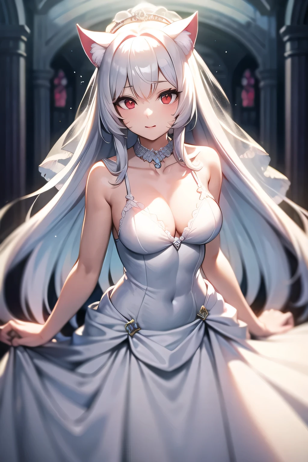 White hair, long hair, cat ears, red eyes, wedding dress 