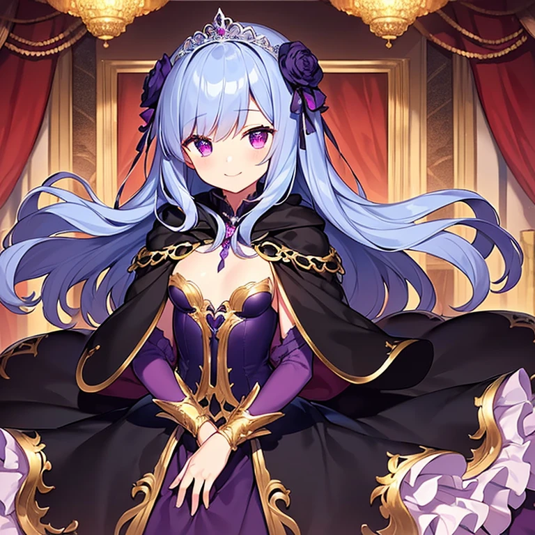(kawaii),(best quality),(ultra detailed), upper body,(rococo style),(long train dark violet cape:1.15), very long cape,(long train dark violet ball gown with flower decorations), a girl is wearing a cape over her gown, 1 little princess, tiara, smile, small breasts, very long hair