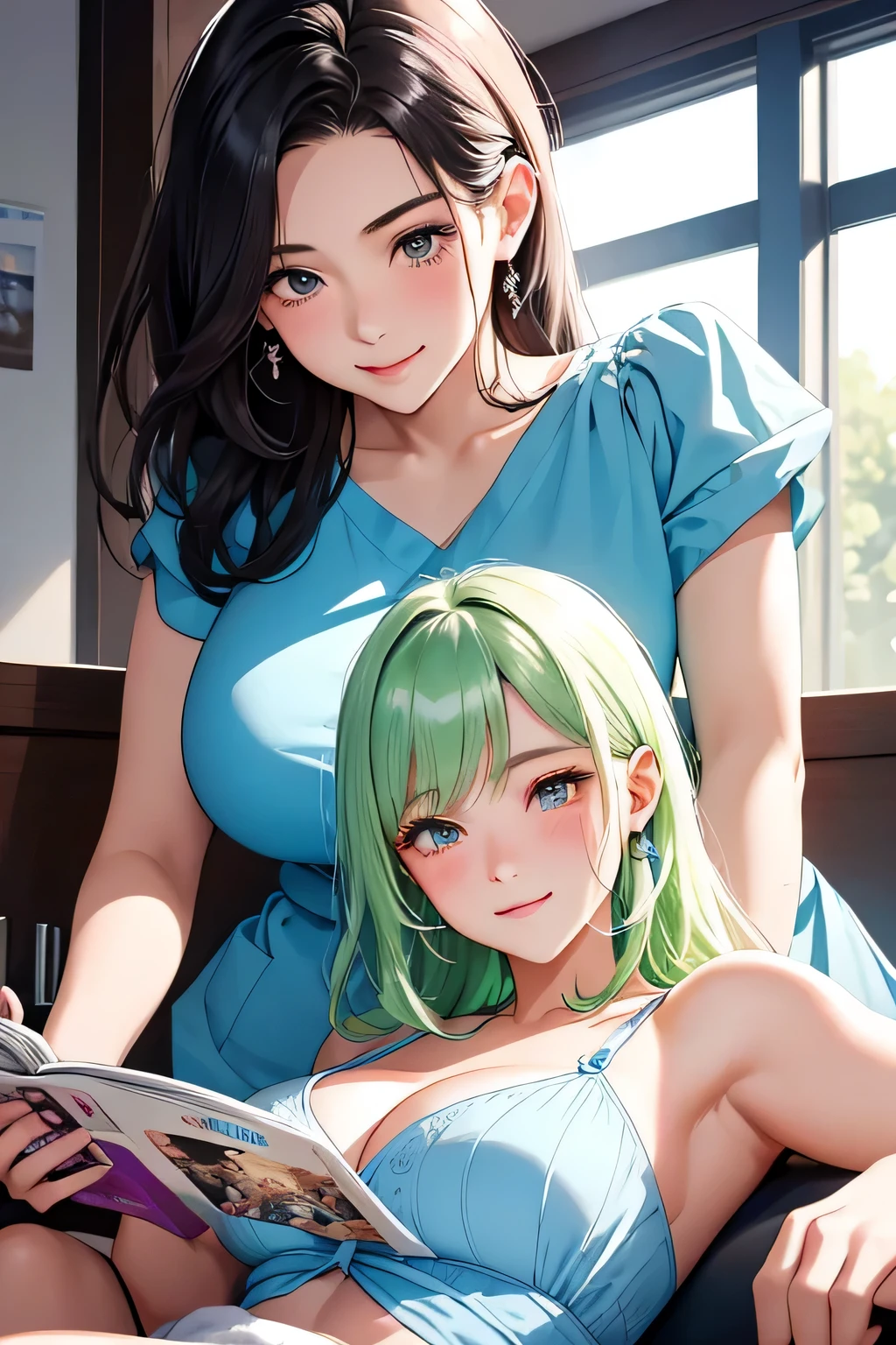 (highest quality:1.4)、High resolution、Detailed Background、(Detailed beautiful face:1.4)、Anatomically correct、(Depict the normal number of fingers:1.2)、(Detailed facial expressions)、Realistic、Beautiful fingers、Beautiful, smooth skin、age beauty、(Two women)、(Huge breasts:1.3)、cute hair color、cute hairstyle、Relaxed atmosphere、Show off your attractive armpits、Beauty Salon、Cowboy Shot、
(Two beautiful girls enjoying a comfortable time receiving treatment in a private space:1.5)、
A relaxed look during the treatment、Showing a cute sleeping face、It's adorable to see her surrendering herself to the comfortable treatment.、
After the treatment, she looks satisfied with the radiance and moisture of her skin.、
Relax with a magazine or a cup of tea、
Taking a photo together after treatment with a friend、
Smiling while taking photos while experiencing the effects of the treatment、cute