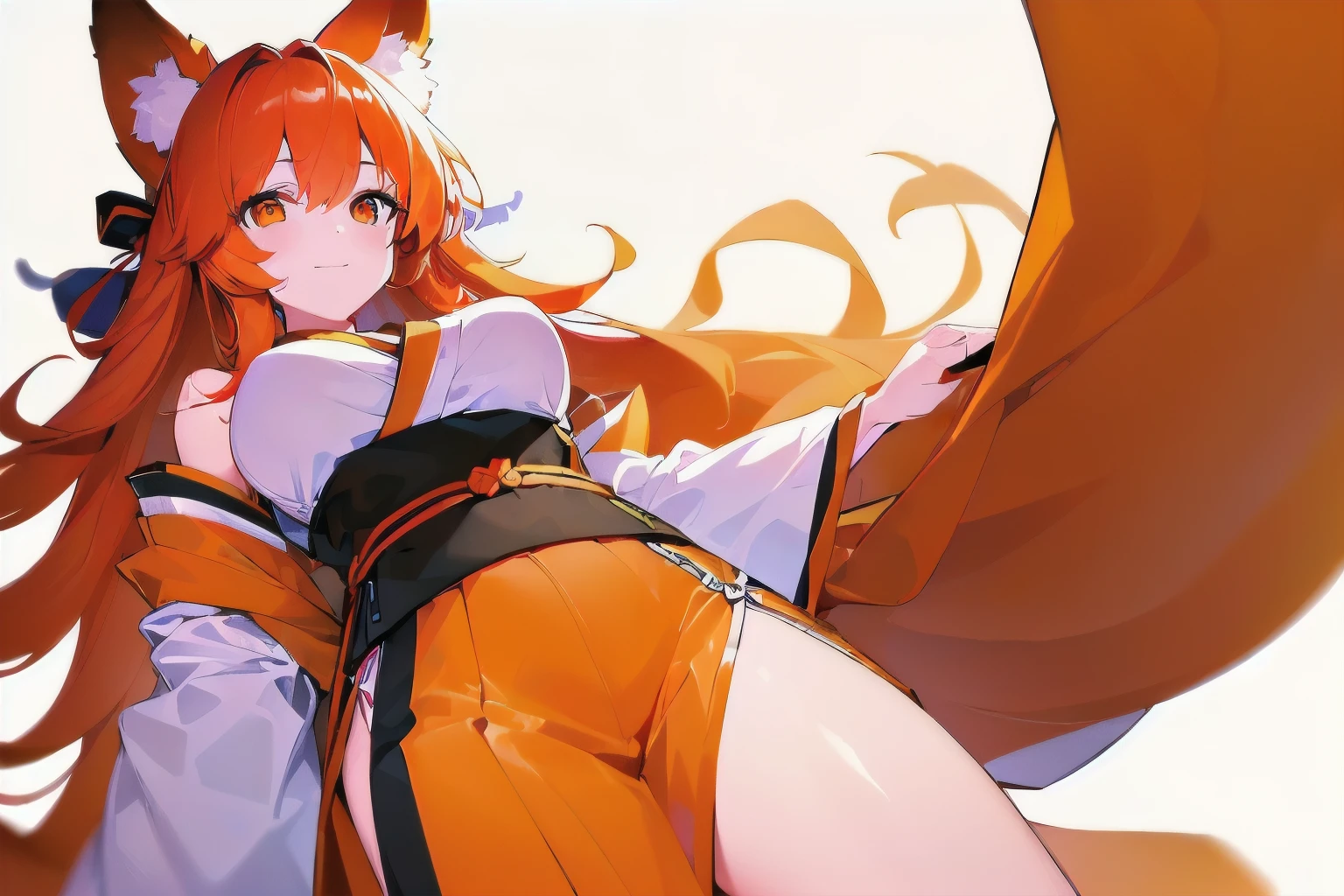 [(WHITE BACKGROUND:1.5),::5], ((((masterpiece)))), high quality, very_high_resolution, large_filesize, full color, breasts, from_below, focus on eyes, girl, woman, female, young, 20 years old, long hair, big hair, orange hair, light smile, fox_ears, (orange eyes), japanese_clothes,